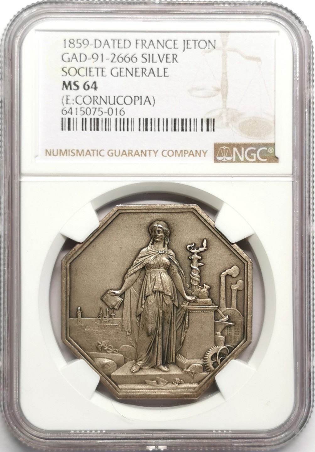 凡希社世界钱币微拍第二百三十二期 1859法国工商信贷银行八角银章NGC-MS64