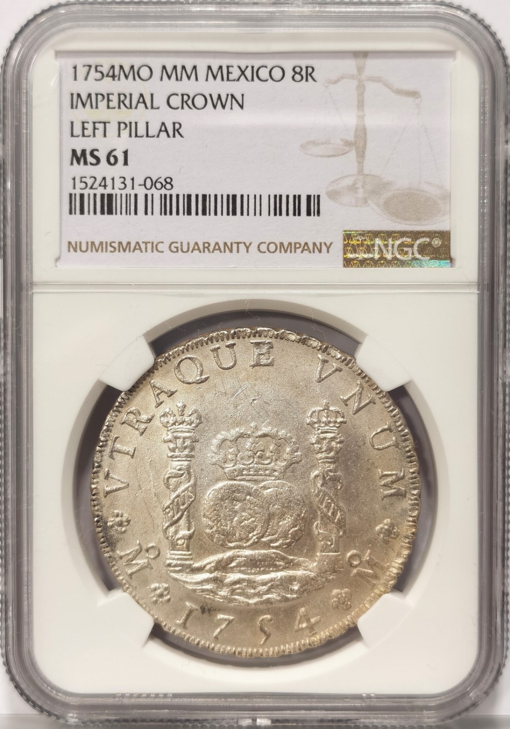 博洋堂世界钱币拍卖第019期（全场包邮） NGC MS61 1754年墨西哥地球双柱8R 窖藏年份，异冠版。粉光，打的还行，没有减重痕