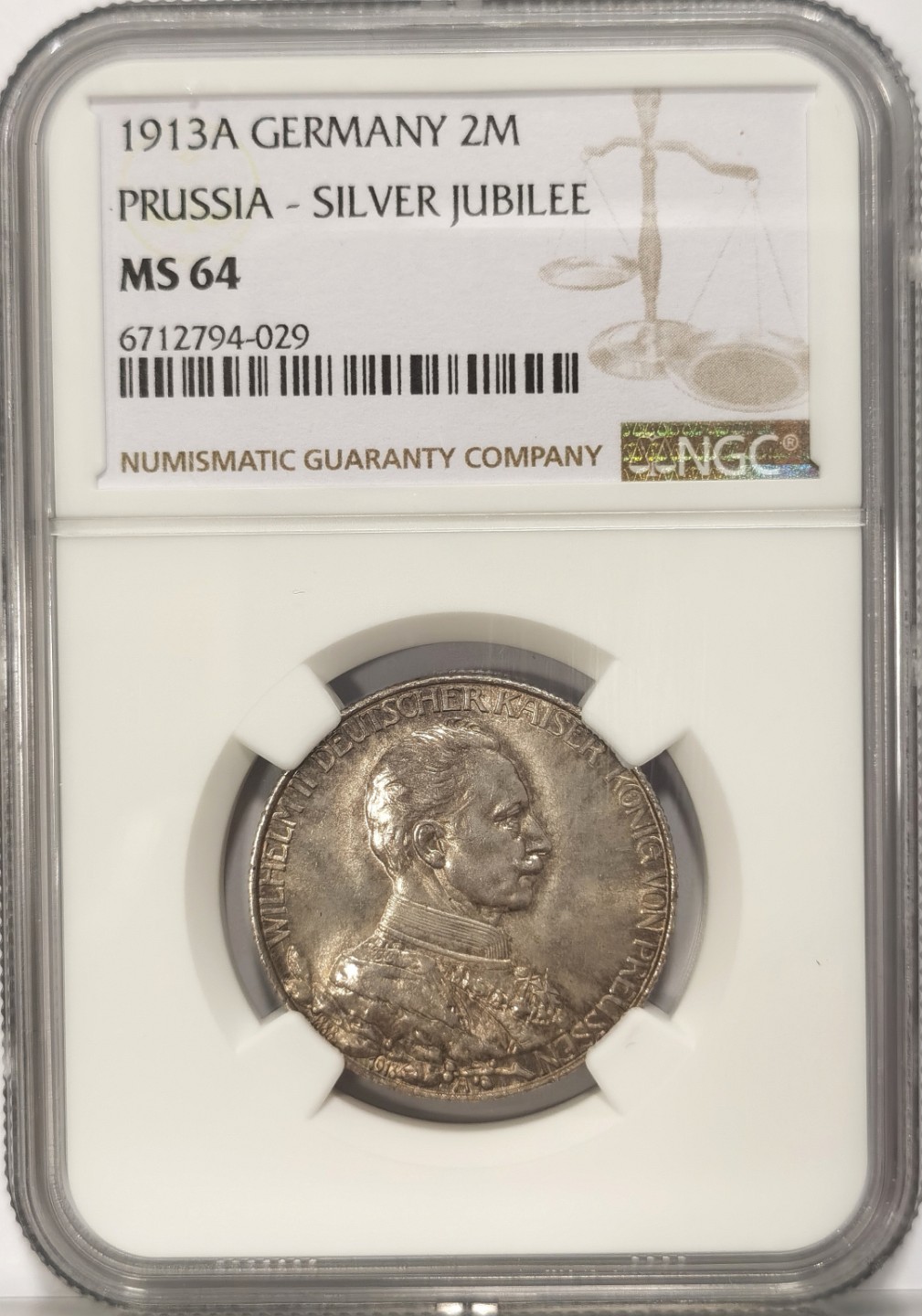 博洋堂世界钱币拍卖第019期（全场包邮） NGC MS64 1913年德国普鲁士威廉二世在位25周年纪念2马克银币