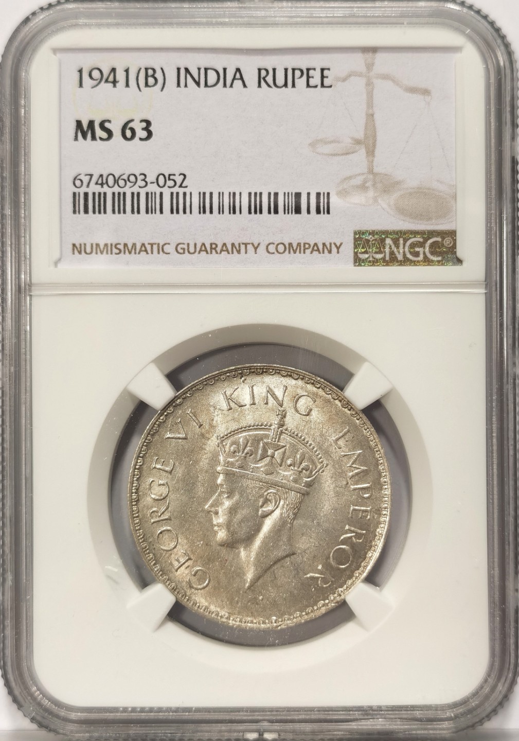 博洋堂世界钱币拍卖第019期（全场包邮） NGC MS63 英属印度1941年B版 乔治六世 1卢比银币 早期窄边 上BU不容易