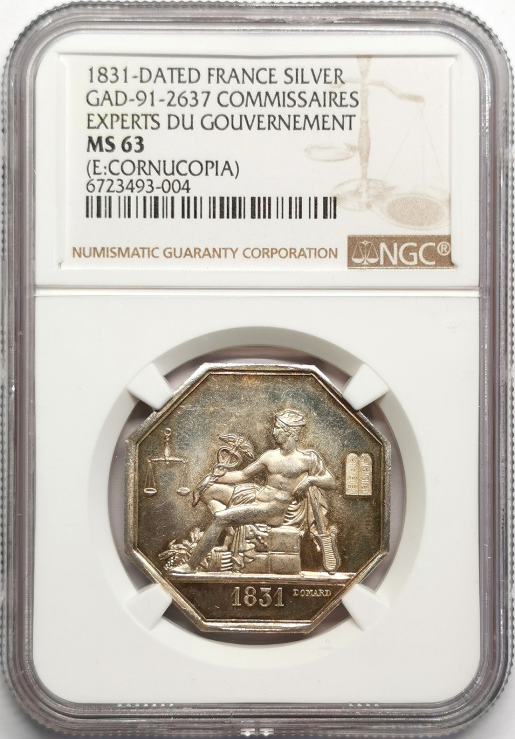 凡希社世界钱币微拍第二百三十二期 1831法国政府专家委员会成立八角银章NGC-MS63墨丘利坐像！