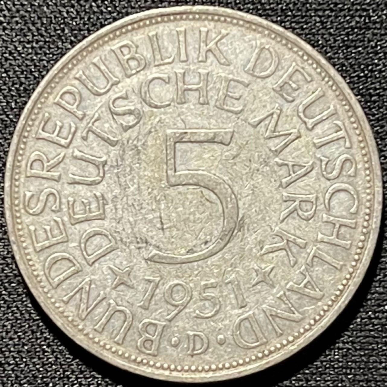 紫瑗钱币——第260期拍卖 联邦德国 1951年 D厂 流通 5马克 11.2 0.625银