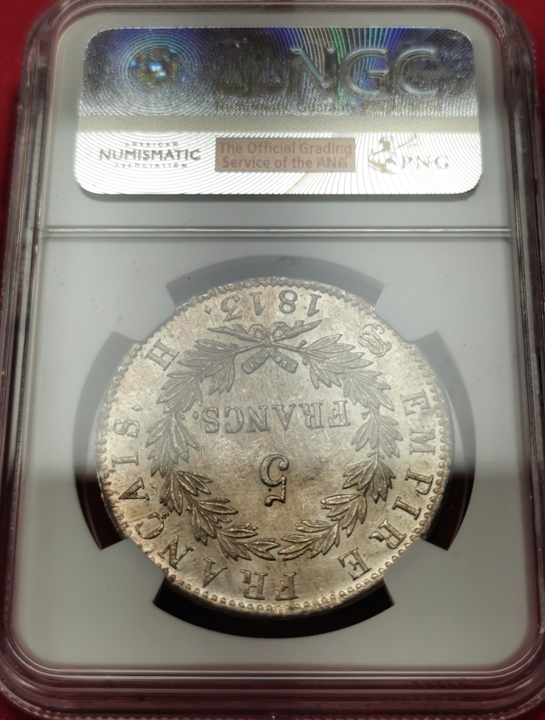 凡希社世界钱币微拍第二百三十二期 罕！1813H法国拿破仑桂冠5法郎大银NGC-MS63+唯一冠军分！