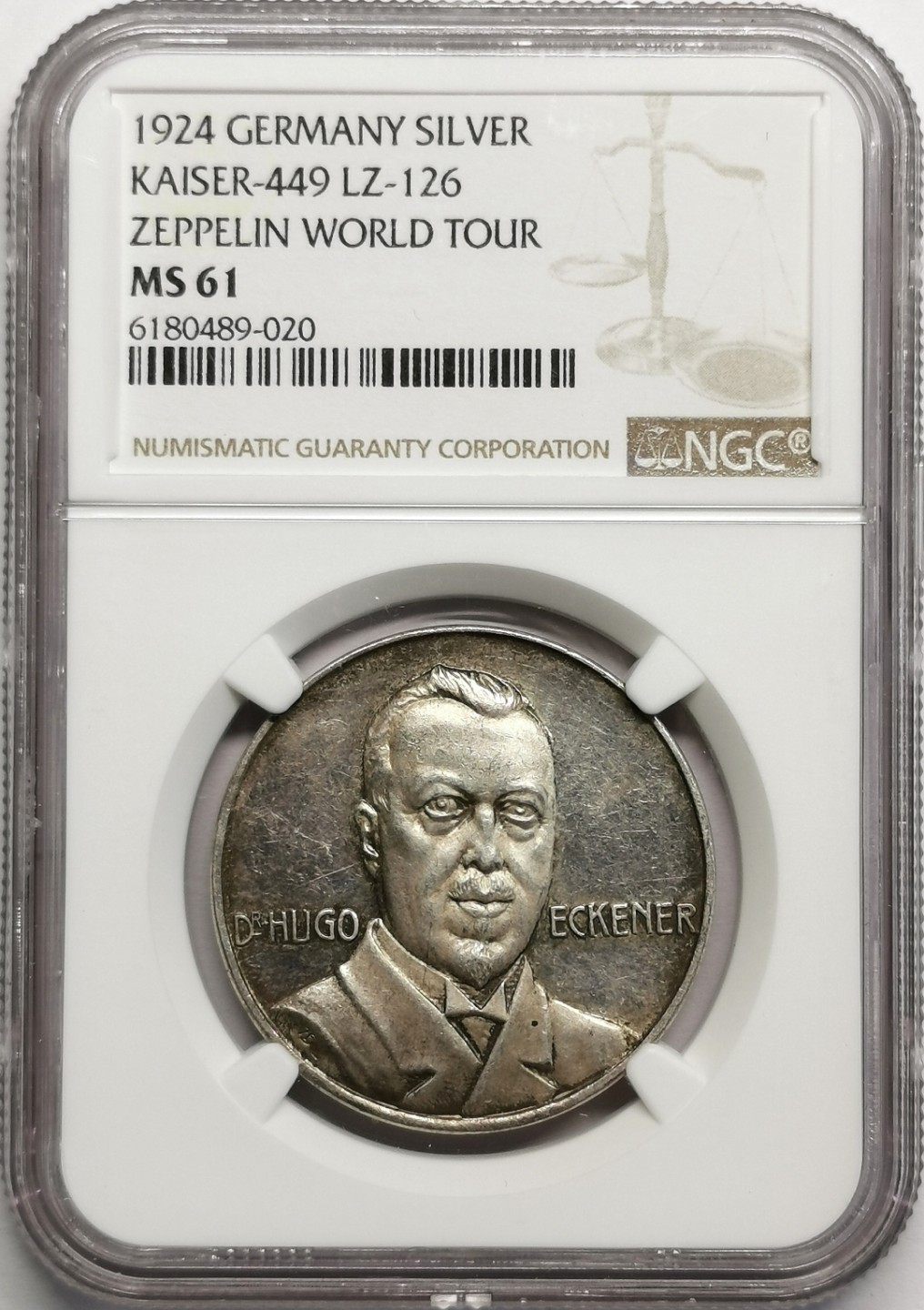 凡希社世界钱币微拍第二百三十二期 1924德国齐柏林飞艇环球飞行纪念银章NGC-MS61