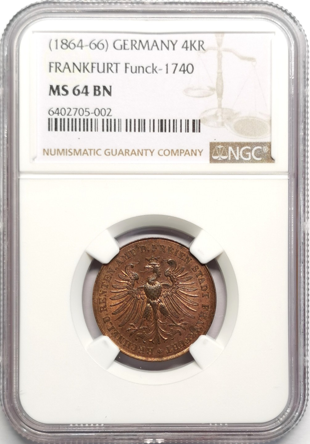 凡希社世界钱币微拍第二百三十二期 1854-66法兰克福4K铜辅币NGC-MS64