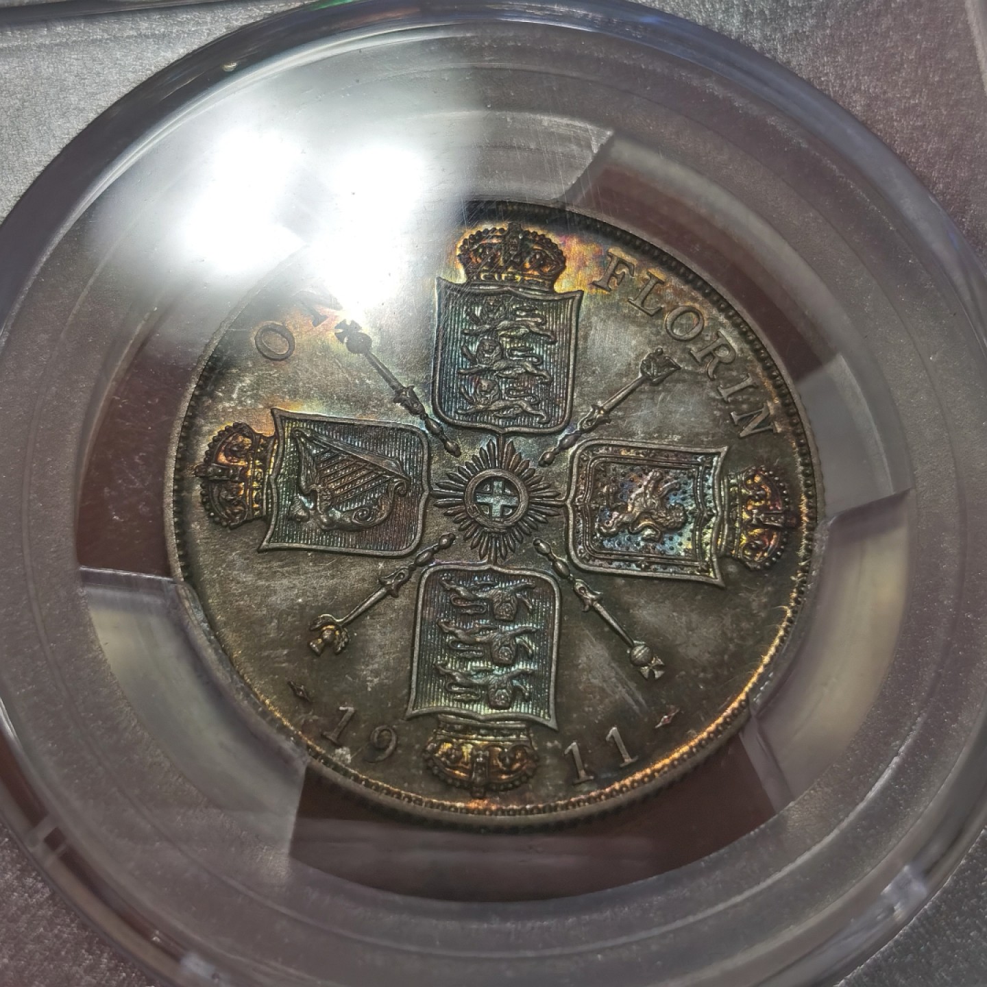 博洋堂世界钱币拍卖第019期（全场包邮） PCGS PR66 英国1911年乔五精制弗洛林，幻彩包浆，镜面效果强烈！