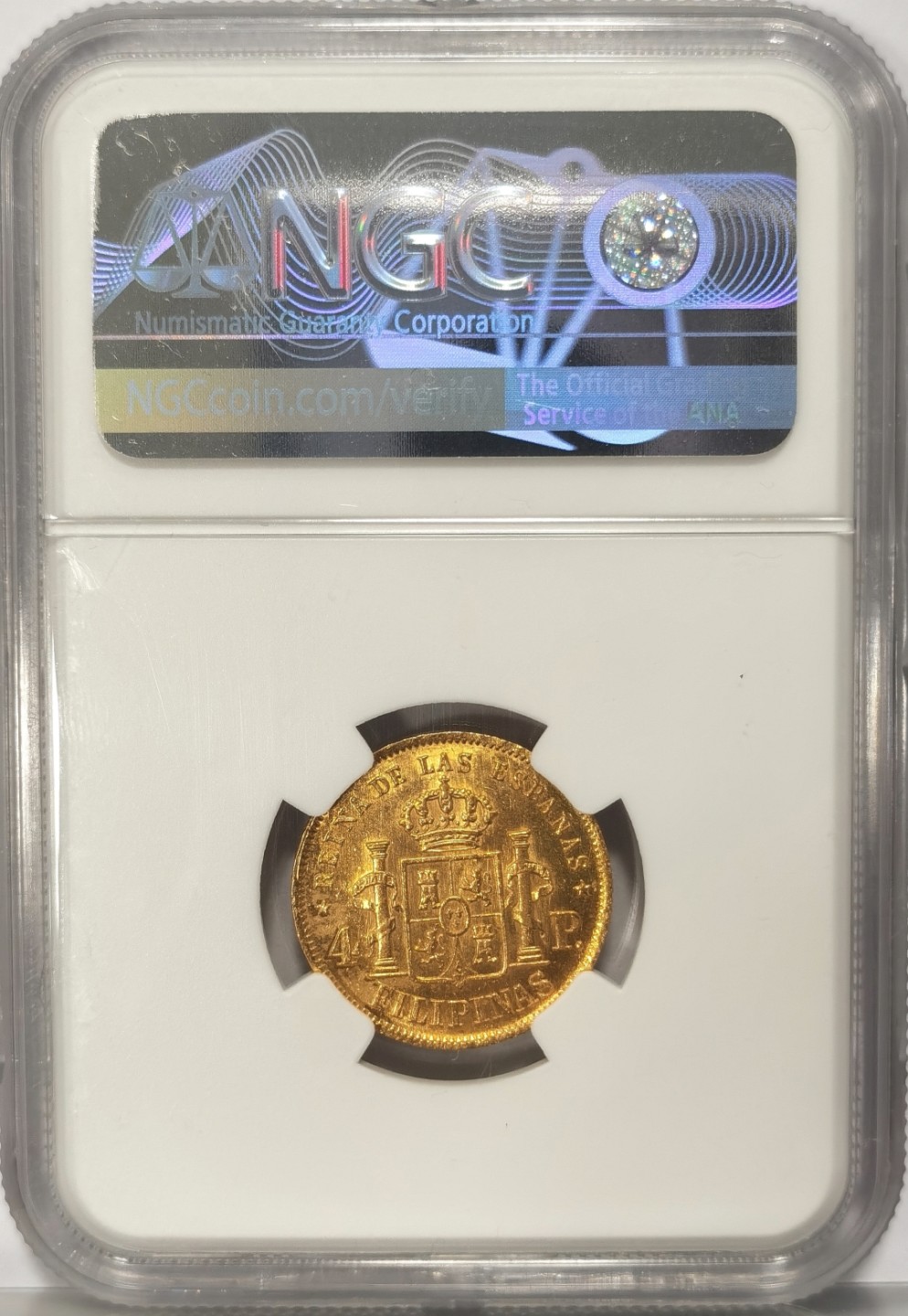 博洋堂世界钱币拍卖第019期（全场包邮） NGC AU58 1868年西属菲律宾4比索金币 这个品种MS就过万了，同分同版同年份HA21年底拍卖1080刀。这枚正面稍差，背面MS品相
