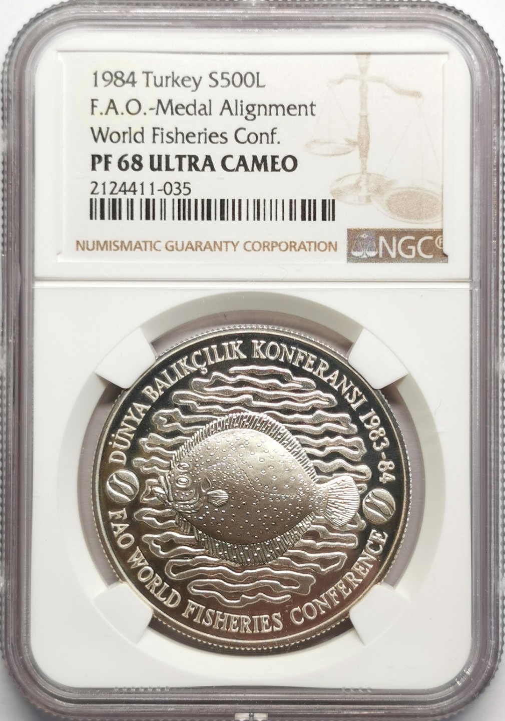 凡希社世界钱币微拍第二百三十二期 1984土耳其FAO渔业会议500L大银精铸NGC-PF68UC