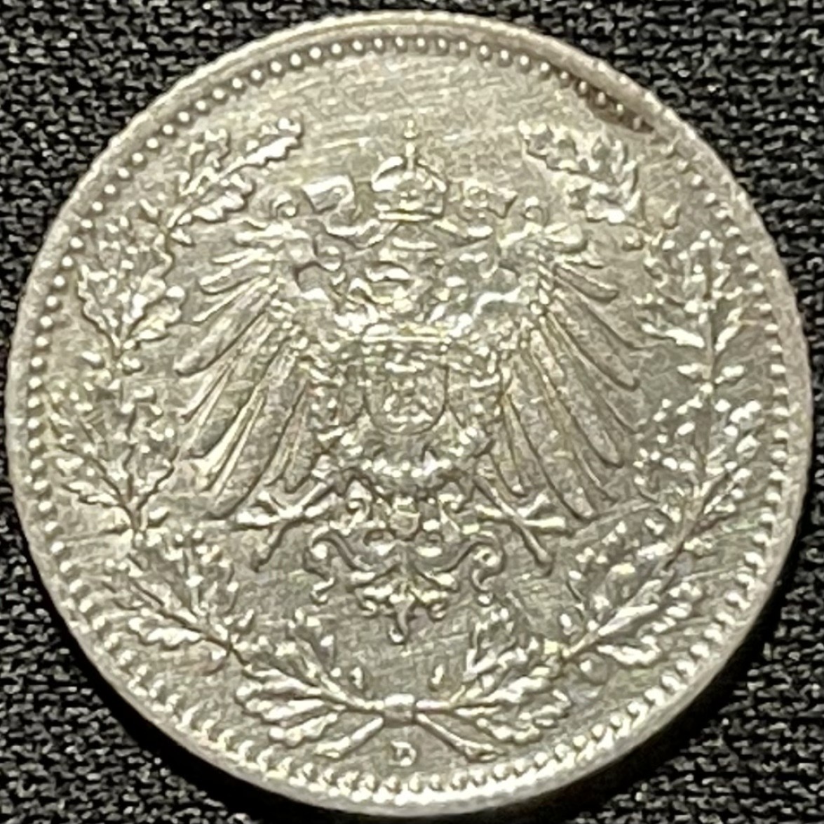 紫瑗钱币——第260期拍卖 德国 1915年 D厂 第二帝国 长翅 1/2马克 2.77克 0.9银