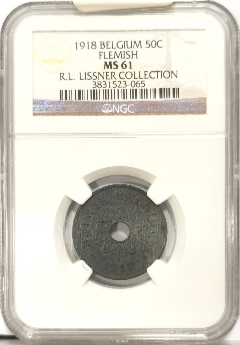 博洋堂世界钱币拍卖第019期（全场包邮） Lissner比利时旧藏系列 NGC MS61 比利时1918年50CENT，FLEMISH版，来自2014年拍卖会编号50.7
