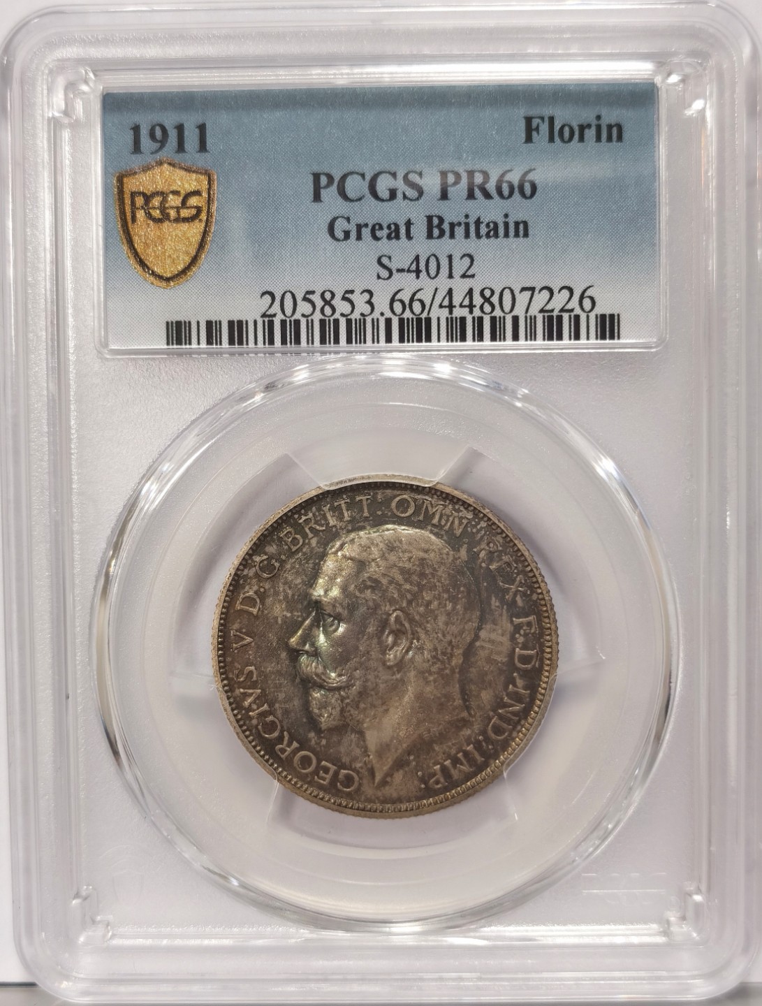 博洋堂世界钱币拍卖第019期（全场包邮） PCGS PR66 英国1911年乔五精制弗洛林，幻彩包浆，镜面效果强烈！