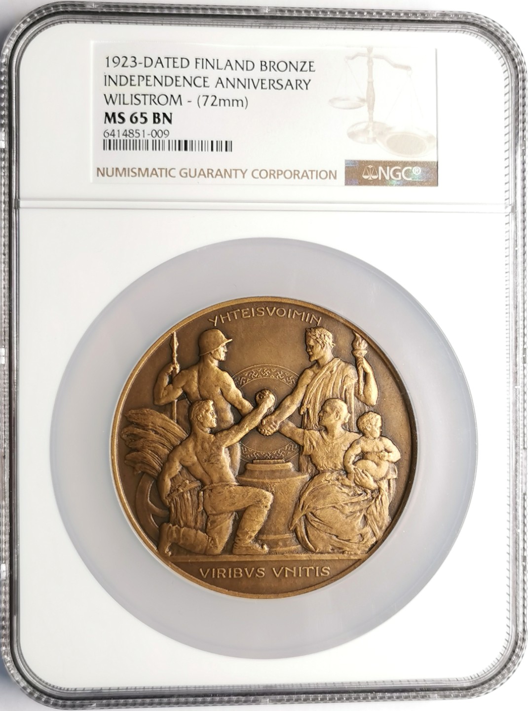 凡希社世界钱币微拍第二百三十二期 1923芬兰独立纪念大型黄铜章NGC-MS65雕刻极精美收藏级品相！