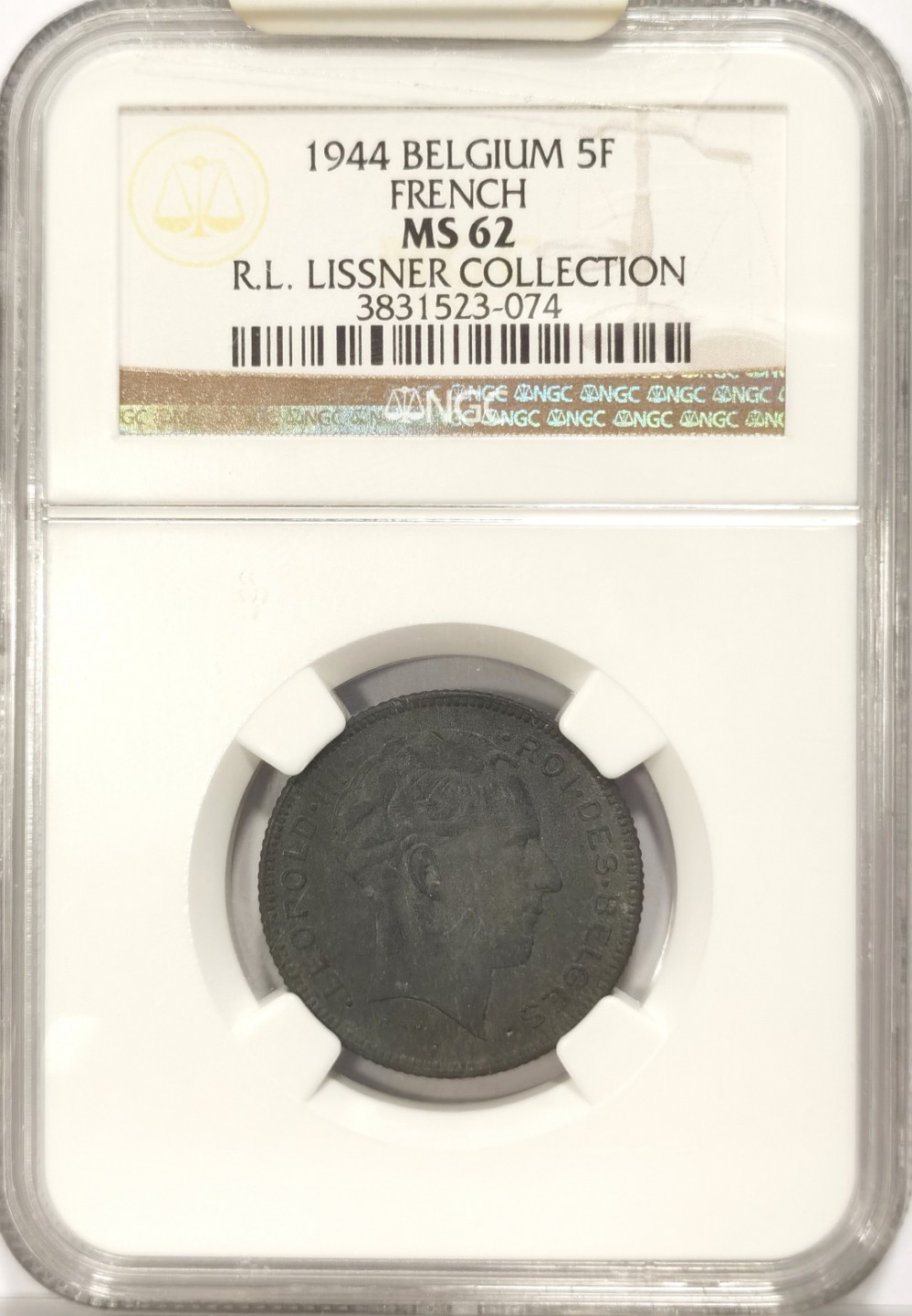 博洋堂世界钱币拍卖第019期（全场包邮） Lissner比利时旧藏系列 NGC MS62 比利时1944年5法郎，FRENCH版，来自2014年拍卖会编号50.9
