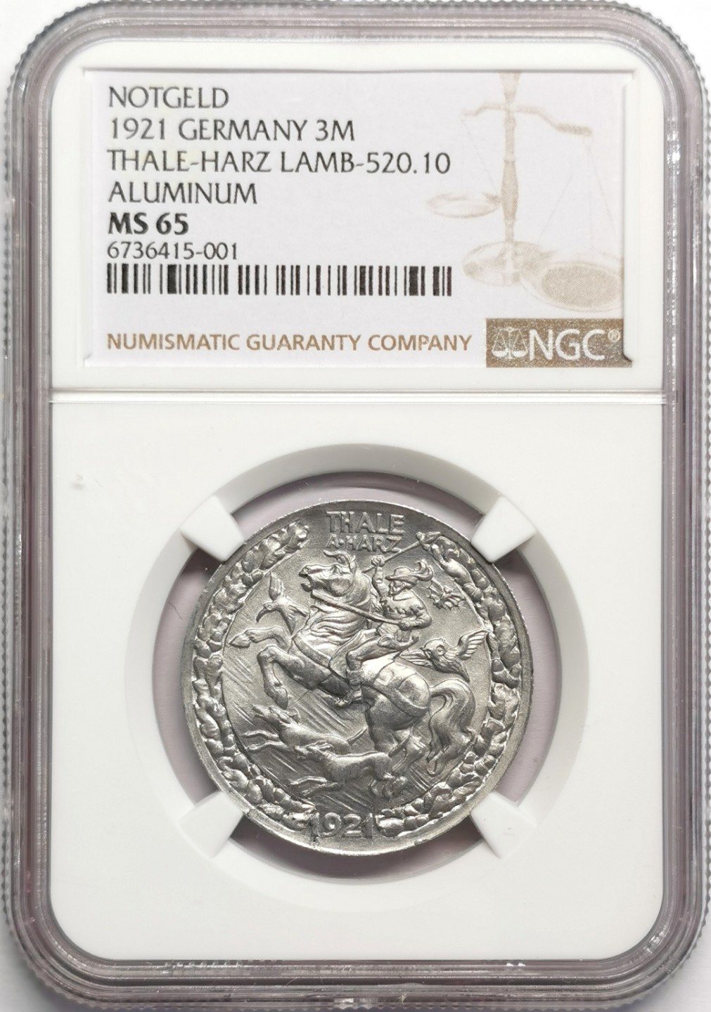 凡希社世界钱币微拍第二百三十二期 1921德紧塔勒哈茨3马克铝币NGC-MS65品相完美！