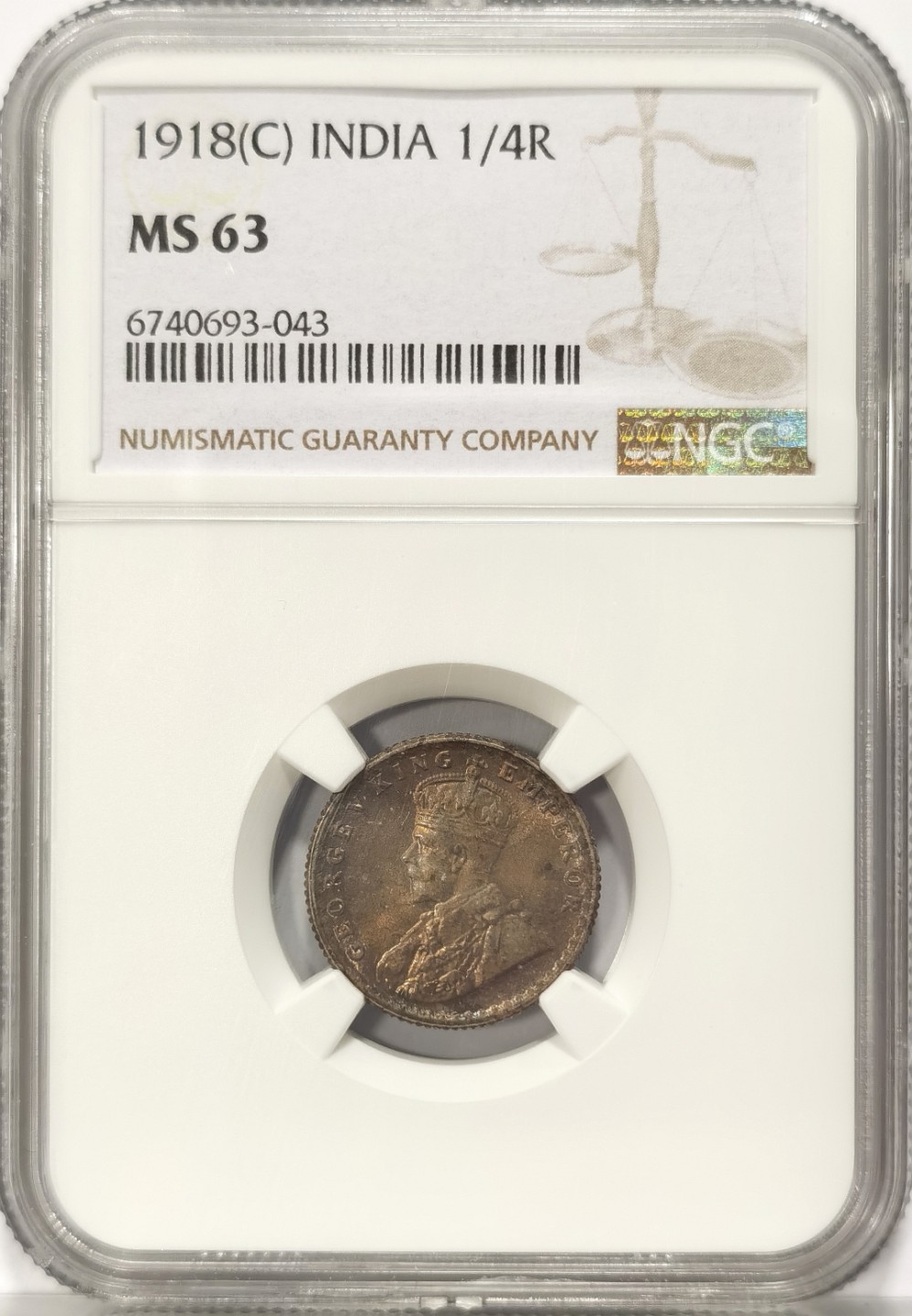 博洋堂世界钱币拍卖第019期（全场包邮） NGC MS63 英属印度1918年C版 乔治五世 1/4卢比银币 双面酱彩包浆