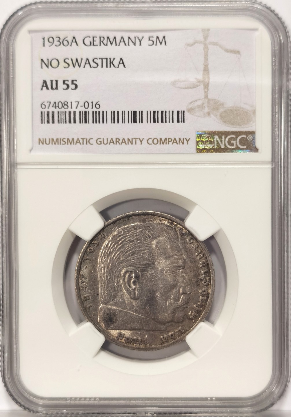 博洋堂世界钱币拍卖第019期（全场包邮） NGC AU55 1936年德国第三帝国A版兴登堡5马克银币