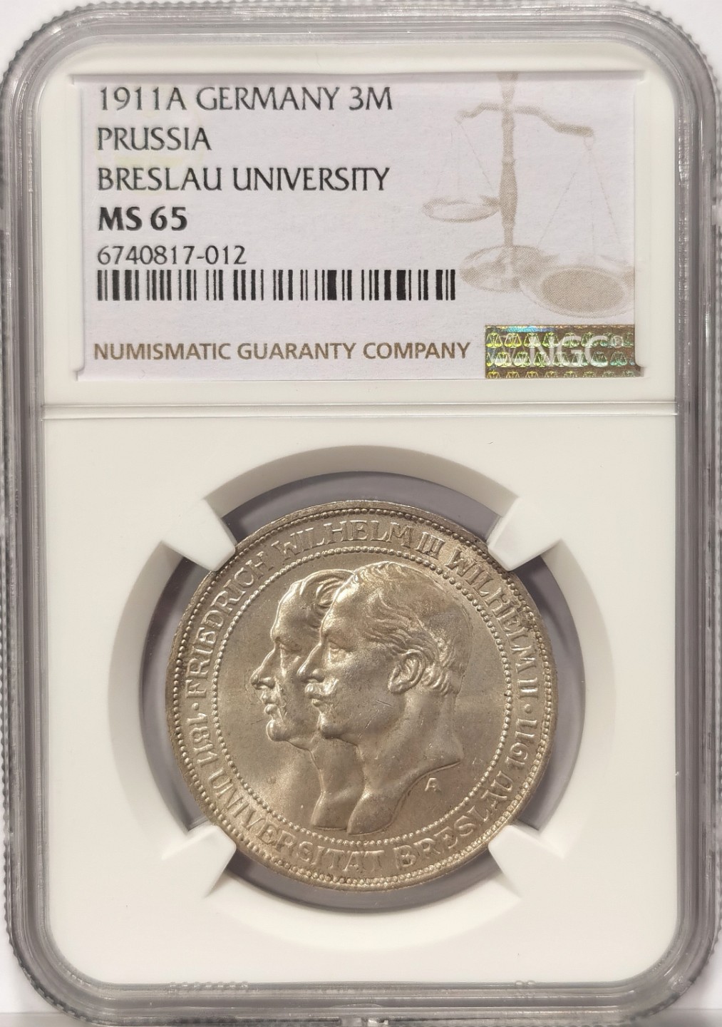 博洋堂世界钱币拍卖第019期（全场包邮） NGC MS65 1911年德国普鲁士布雷斯劳大学3马克纪念银币