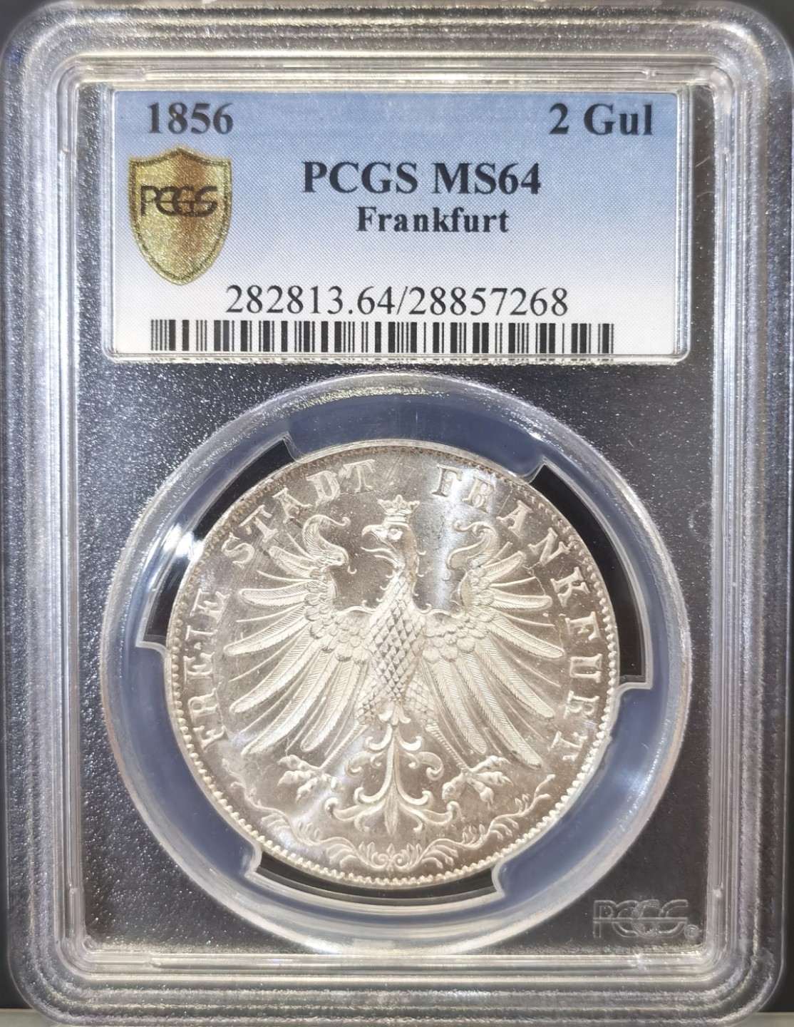 博洋堂世界钱币拍卖第019期（全场包邮） PCGS MS64 1856年德国法兰克福2古尔登大银币 原卷暴光