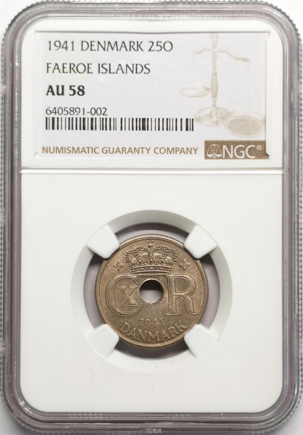 凡希社世界钱币微拍第二百三十二期 1941法罗群岛25偶尔中孔镍币NGC-AU58