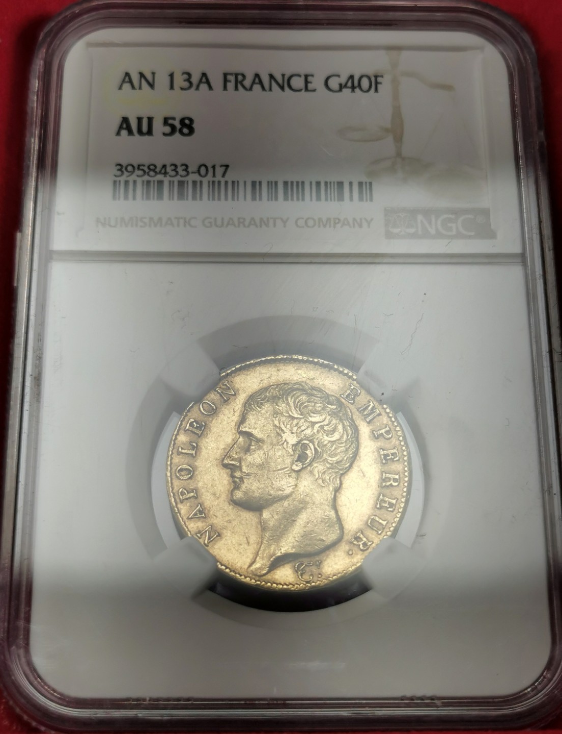 凡希社世界钱币微拍第二百三十二期 共和13年法国拿破仑免冠像40法郎金币NGC-AU58
