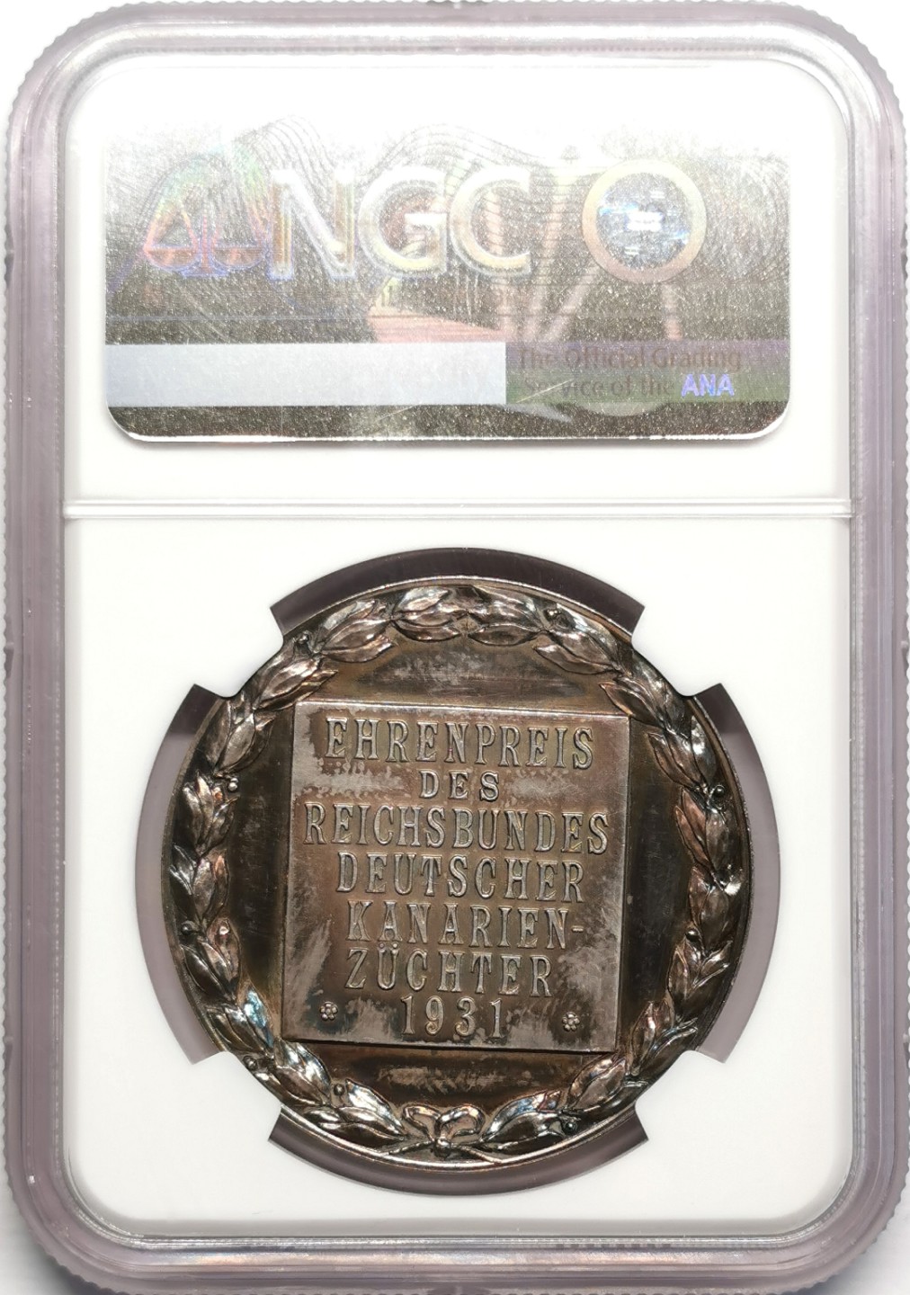 凡希社世界钱币微拍第二百三十二期 1931德国金丝雀协会纪念银章NGC-MS63五彩！