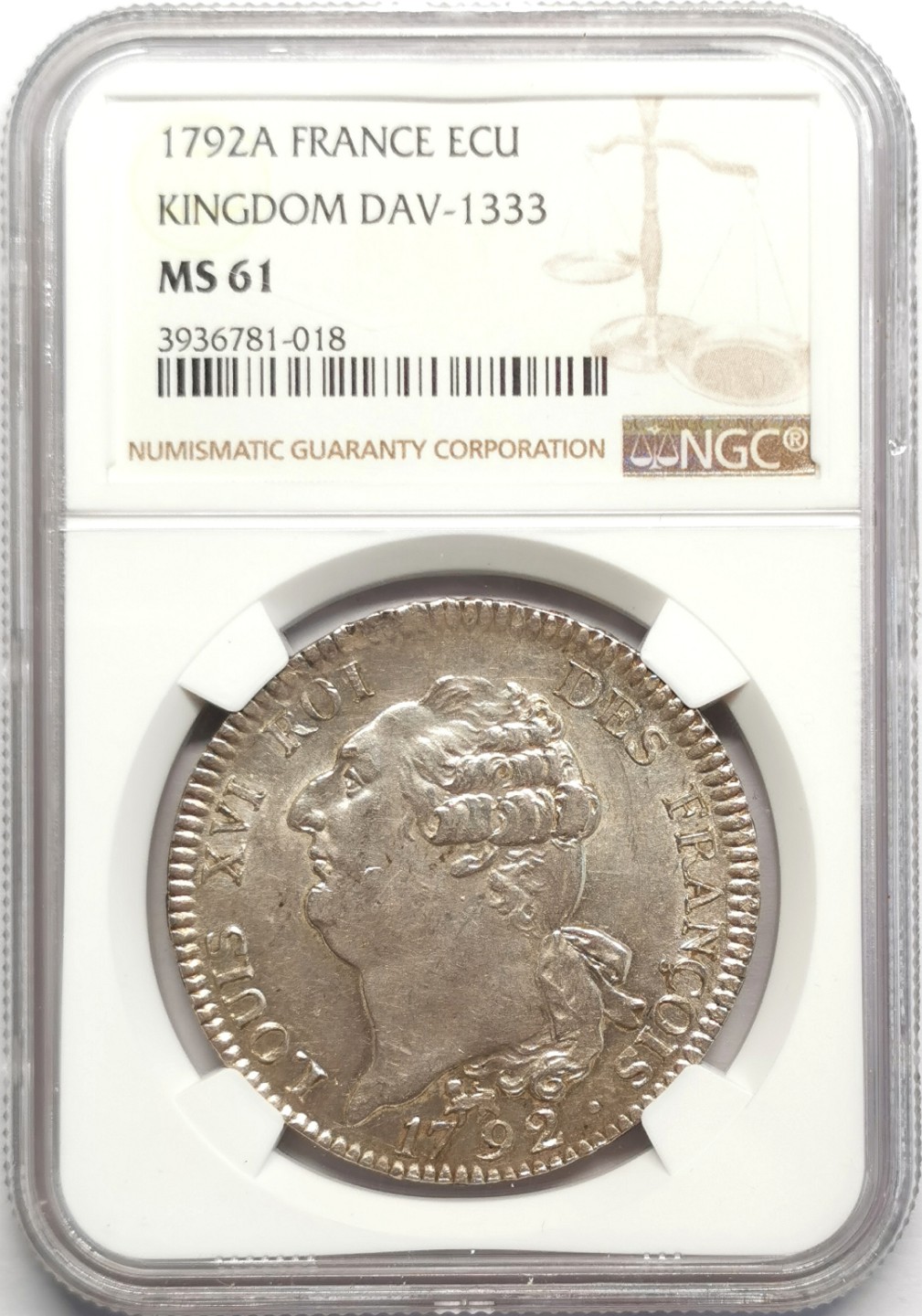 凡希社世界钱币微拍第二百三十二期 荐！1792A法国路易十六埃居大银NGC-MS61银光淡彩实物赞！