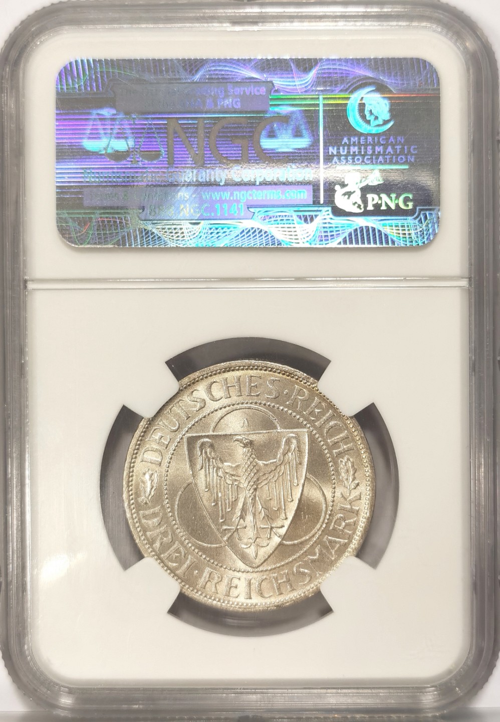 博洋堂世界钱币拍卖第019期（全场包邮） NGC MS64 1930年德国魏玛共和国莱茵解放3马克纪念银币