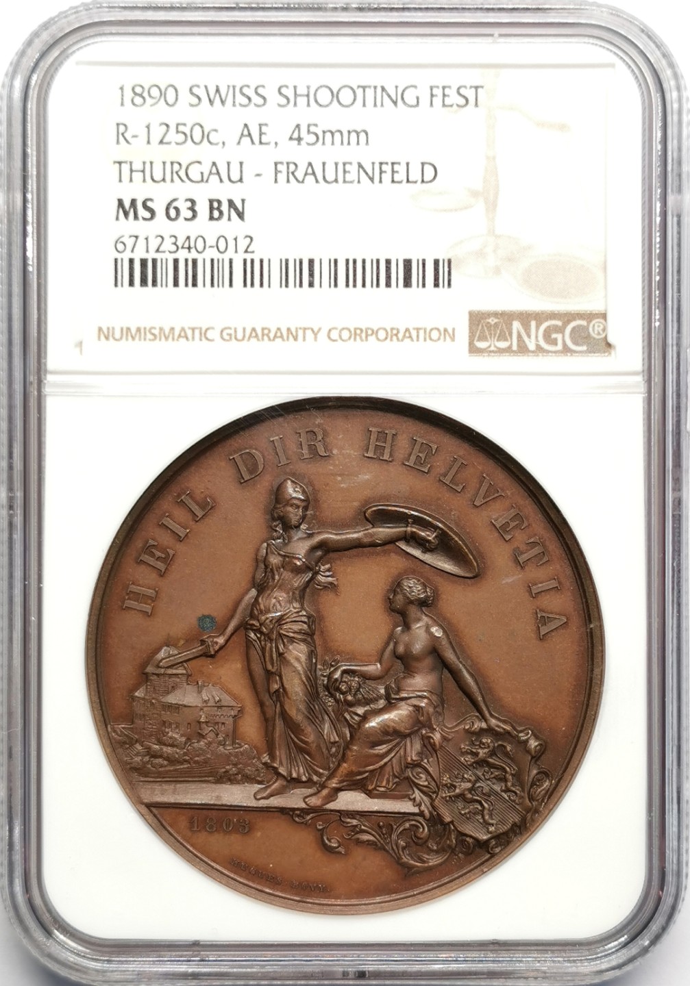 凡希社世界钱币微拍第二百三十二期 1890瑞士弗劳恩费尔德射击节纪念铜章NGC-MS63美女与野兽！