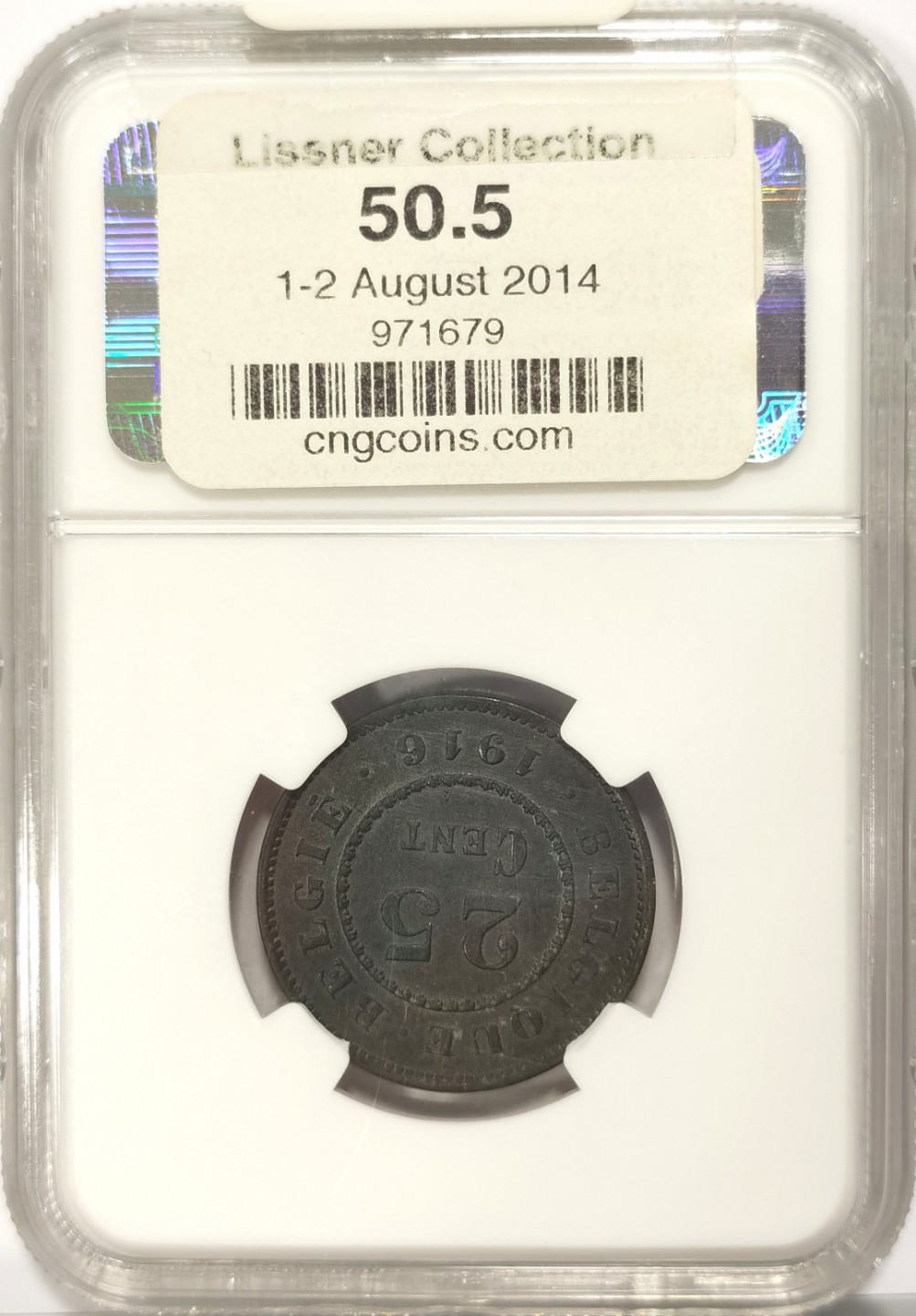 博洋堂世界钱币拍卖第019期（全场包邮） Lissner比利时旧藏系列 NGC MS62 比利时1916年25CENT，FRENCH版，来自2014年拍卖会编号50.5