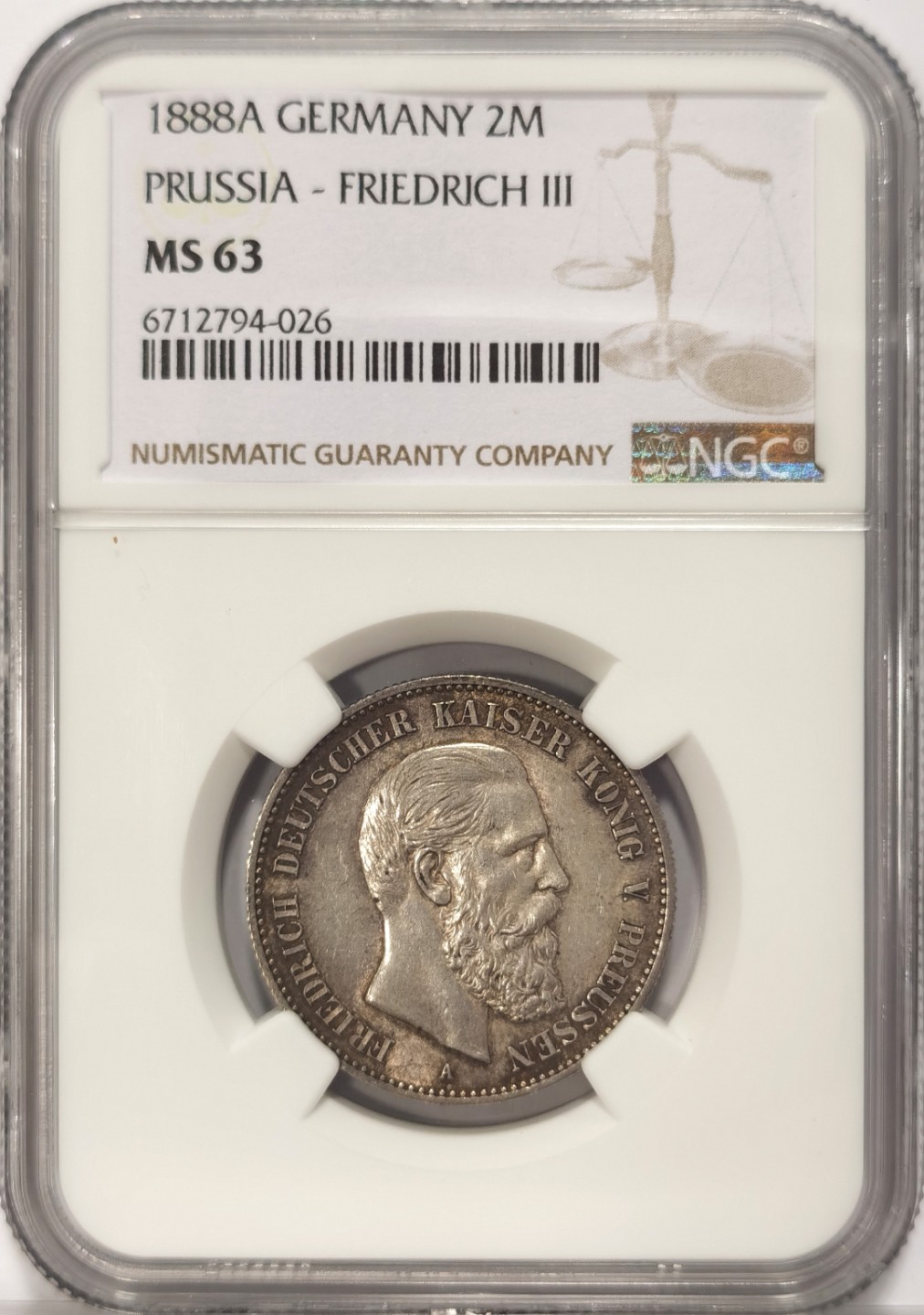 博洋堂世界钱币拍卖第019期（全场包邮） NGC MS63 1888年德国普鲁士弗里德里希三世2马克银币