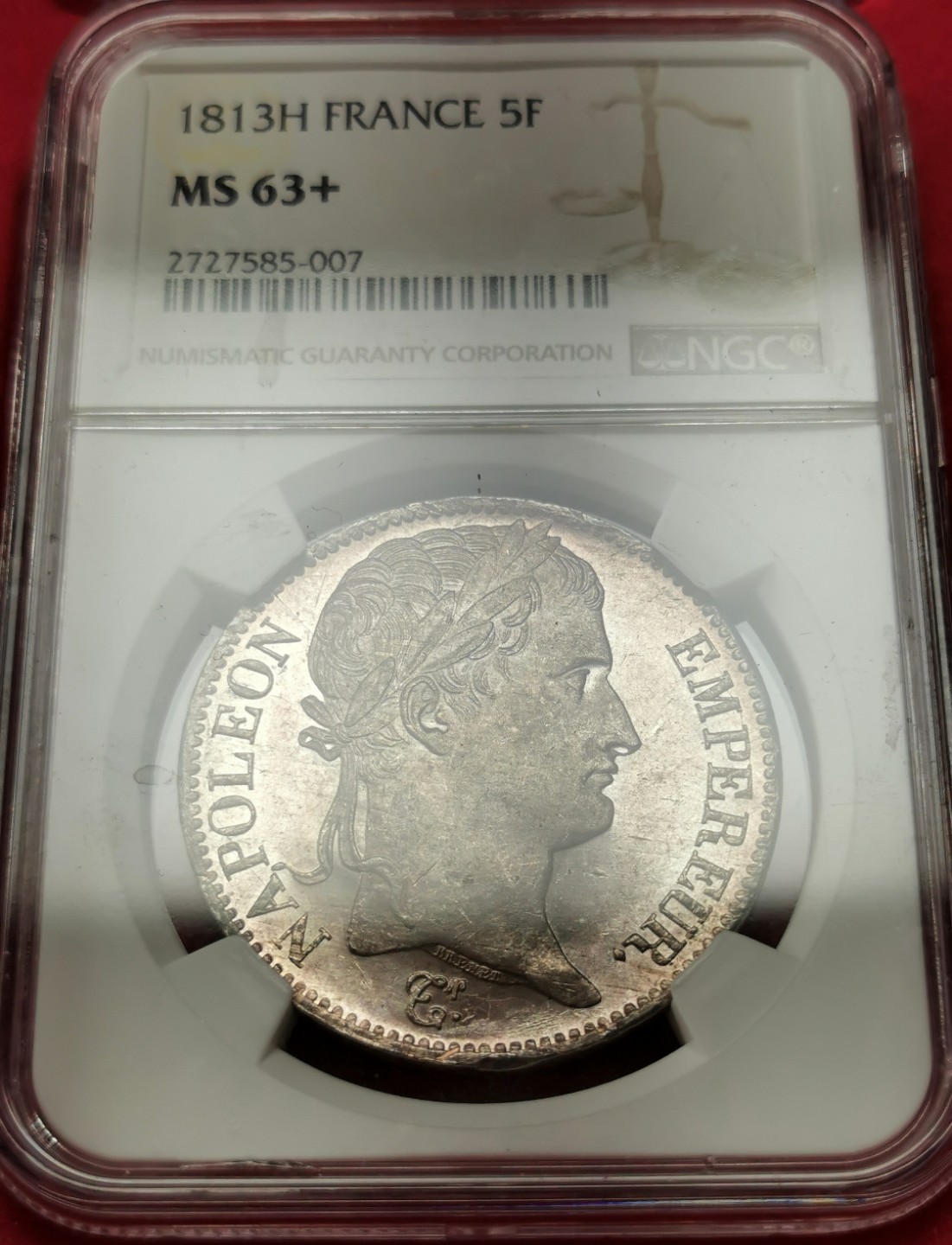 凡希社世界钱币微拍第二百三十二期 罕！1813H法国拿破仑桂冠5法郎大银NGC-MS63+唯一冠军分！