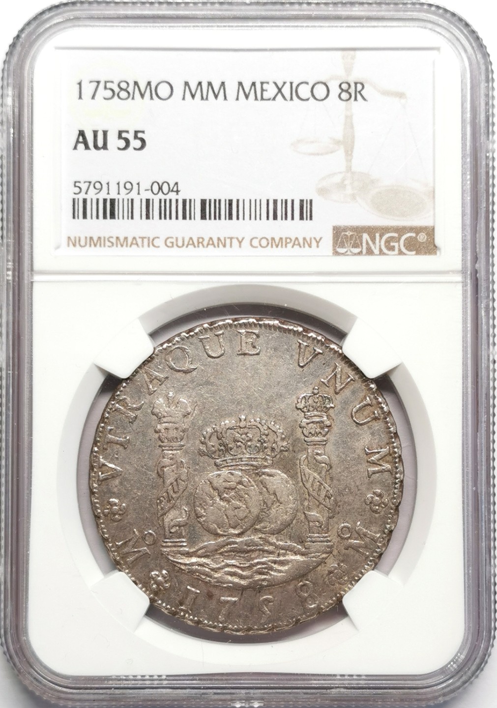 凡希社世界钱币微拍第二百三十二期 荐！1758墨西哥斐迪南六世地球双柱NGC-AU55淡彩压印细节优良！