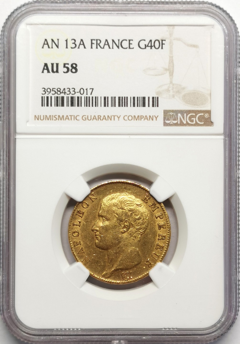 凡希社世界钱币微拍第二百三十二期 共和13年法国拿破仑免冠像40法郎金币NGC-AU58