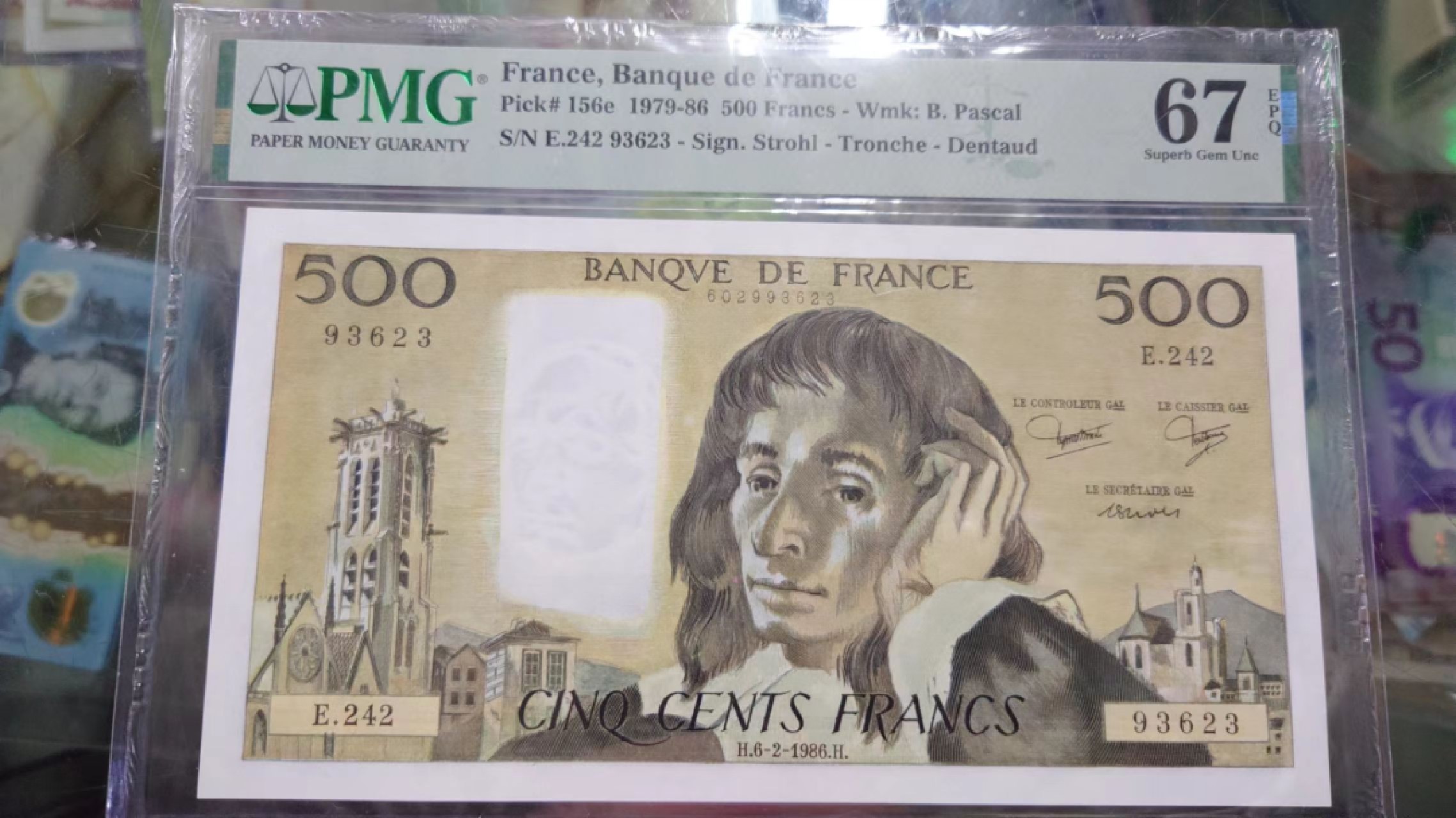 【世界钱币】精选微拍第56期暨2023年第三期  评级币专场 1986年法国500法郎 PMG67E亚军分 尾号623