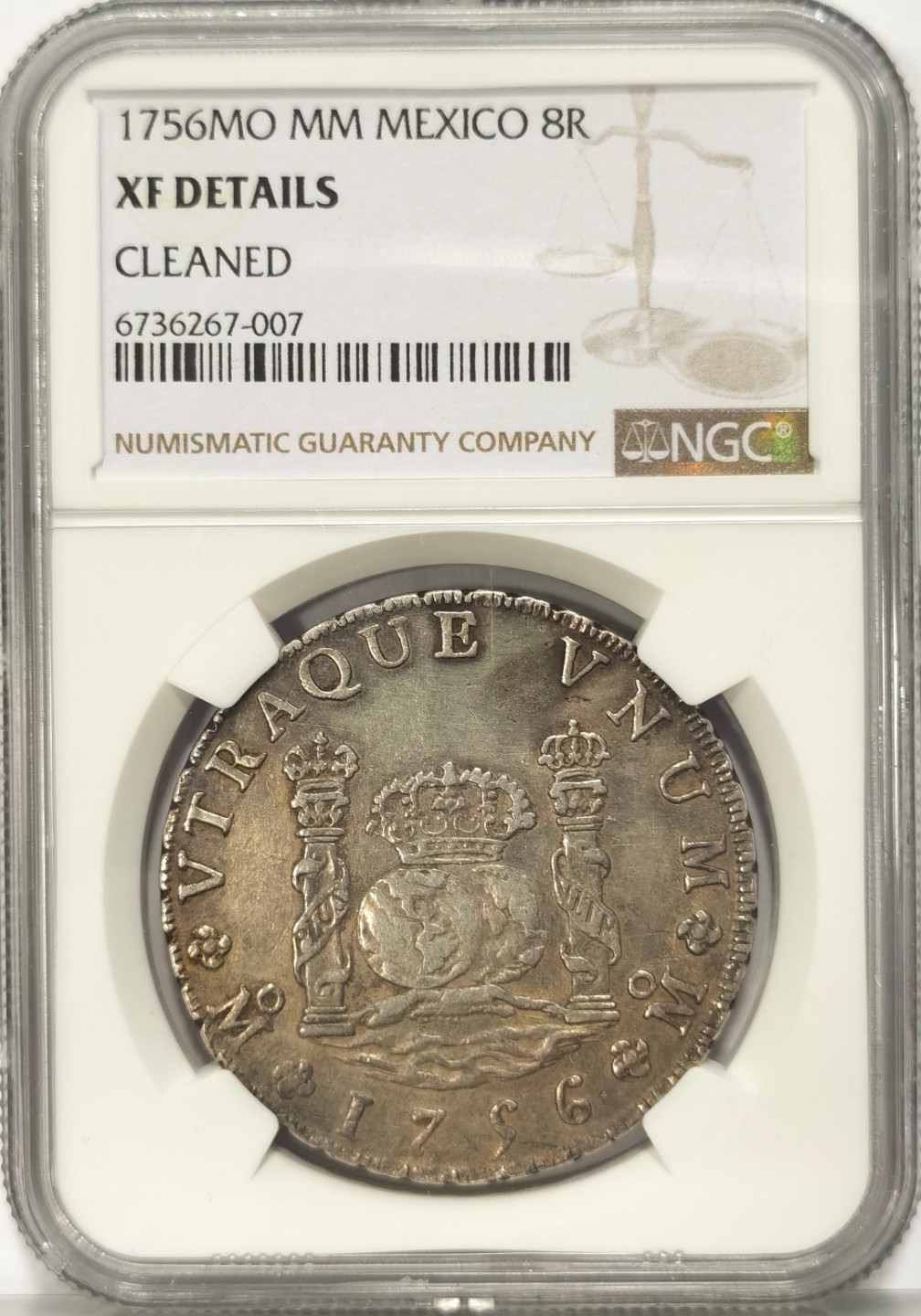 博洋堂世界钱币拍卖第019期（全场包邮） NGC XF 墨西哥1756年MO MM版费六地球双柱 地球的细节都很好 全深打 轻微清洗 无伤放心入