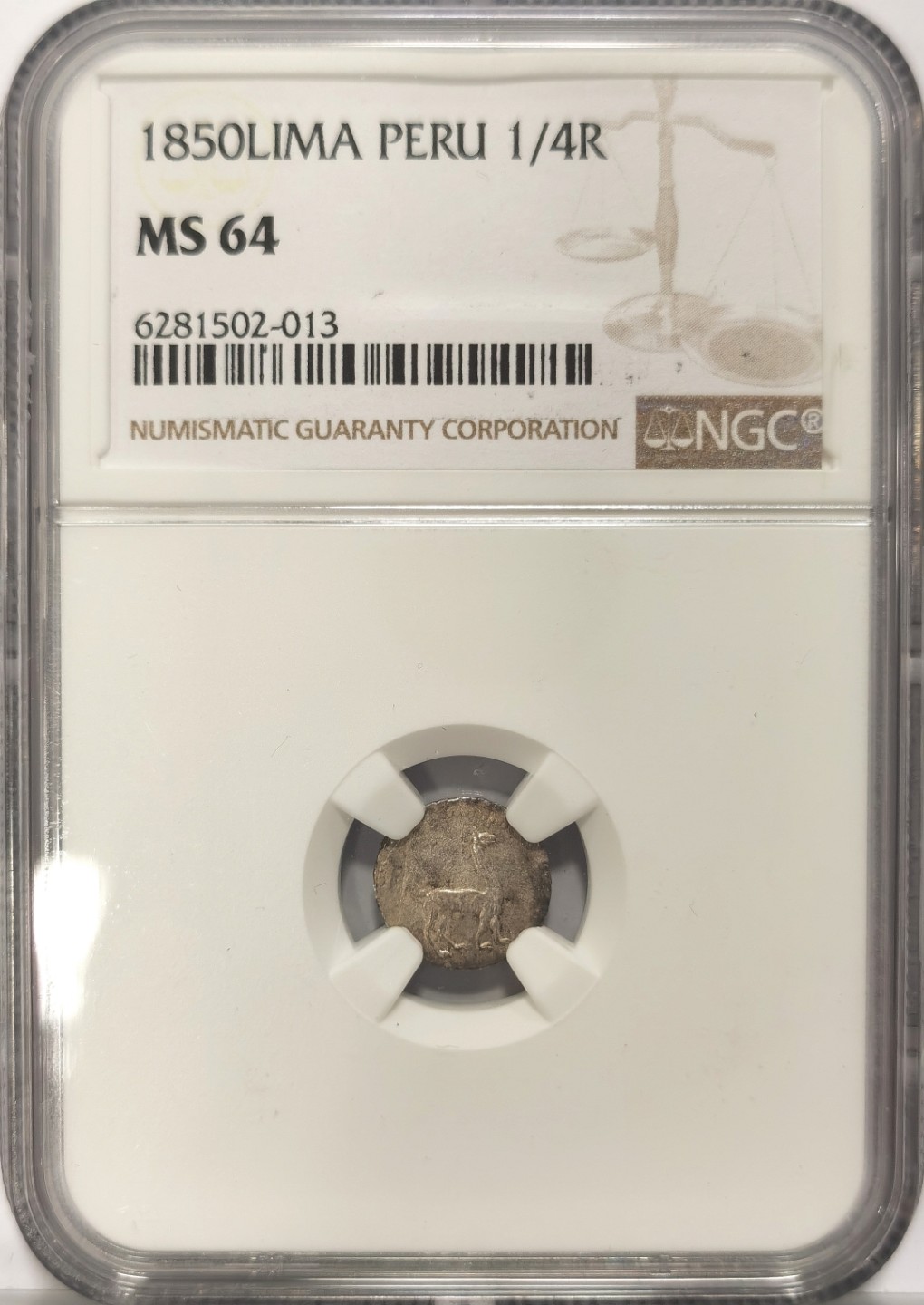 博洋堂世界钱币拍卖第019期（全场包邮） NGC MS64 秘鲁1850年羊驼1/4R银币 少见品种 唯一亚军
