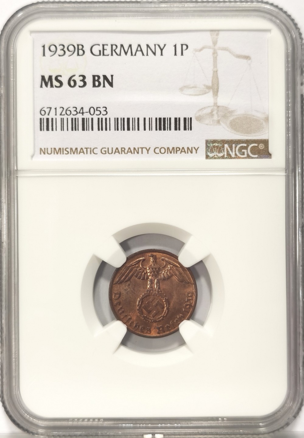 博洋堂世界钱币拍卖第019期（全场包邮） NGC MS63BN 1939年德国第三帝国B版1芬尼铜币