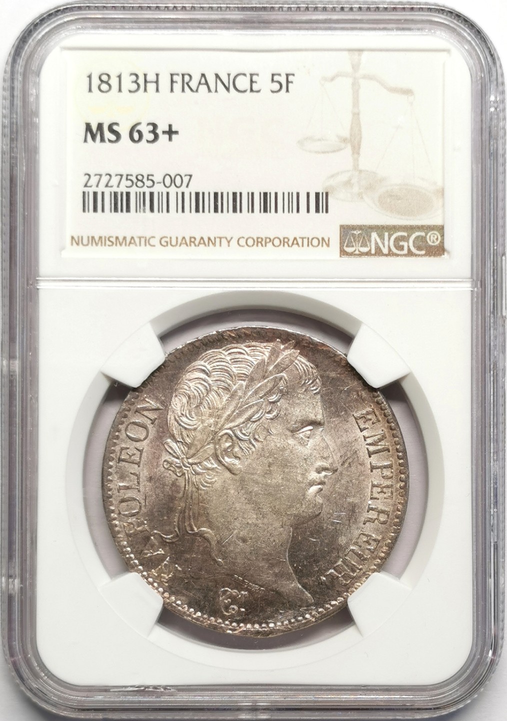 凡希社世界钱币微拍第二百三十二期 罕！1813H法国拿破仑桂冠5法郎大银NGC-MS63+唯一冠军分！