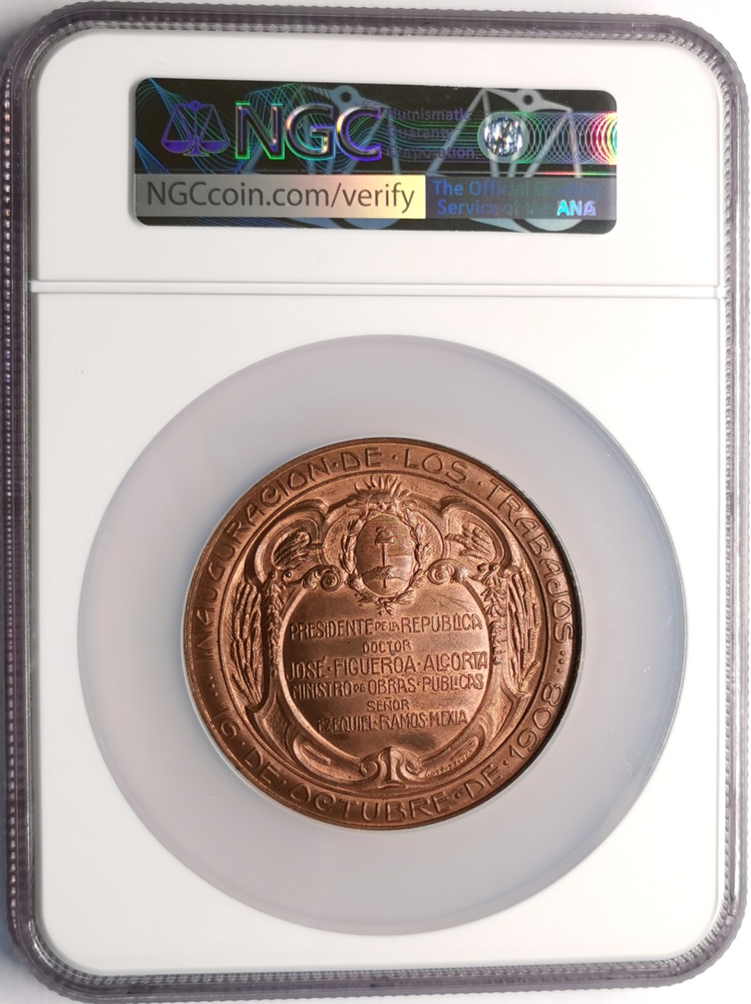 凡希社世界钱币微拍第二百三十二期 1908阿根廷北部铁路开通纪念大铜章NGC-MS64铜色优美！