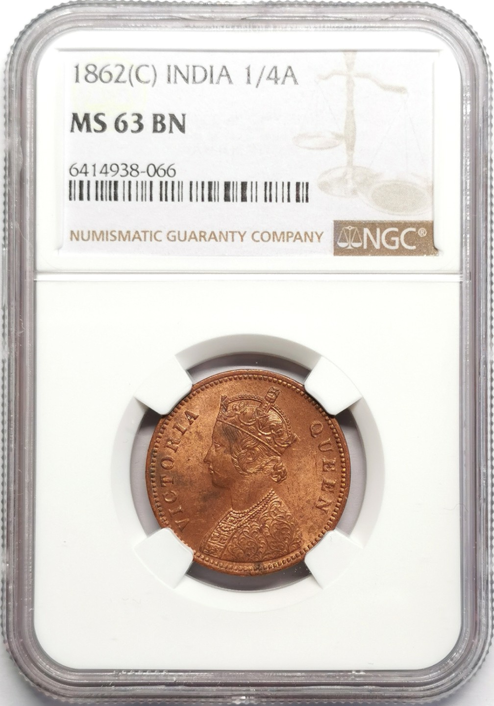 凡希社世界钱币微拍第二百三十二期 1862英属印度小维1/4安那NGC-MS63