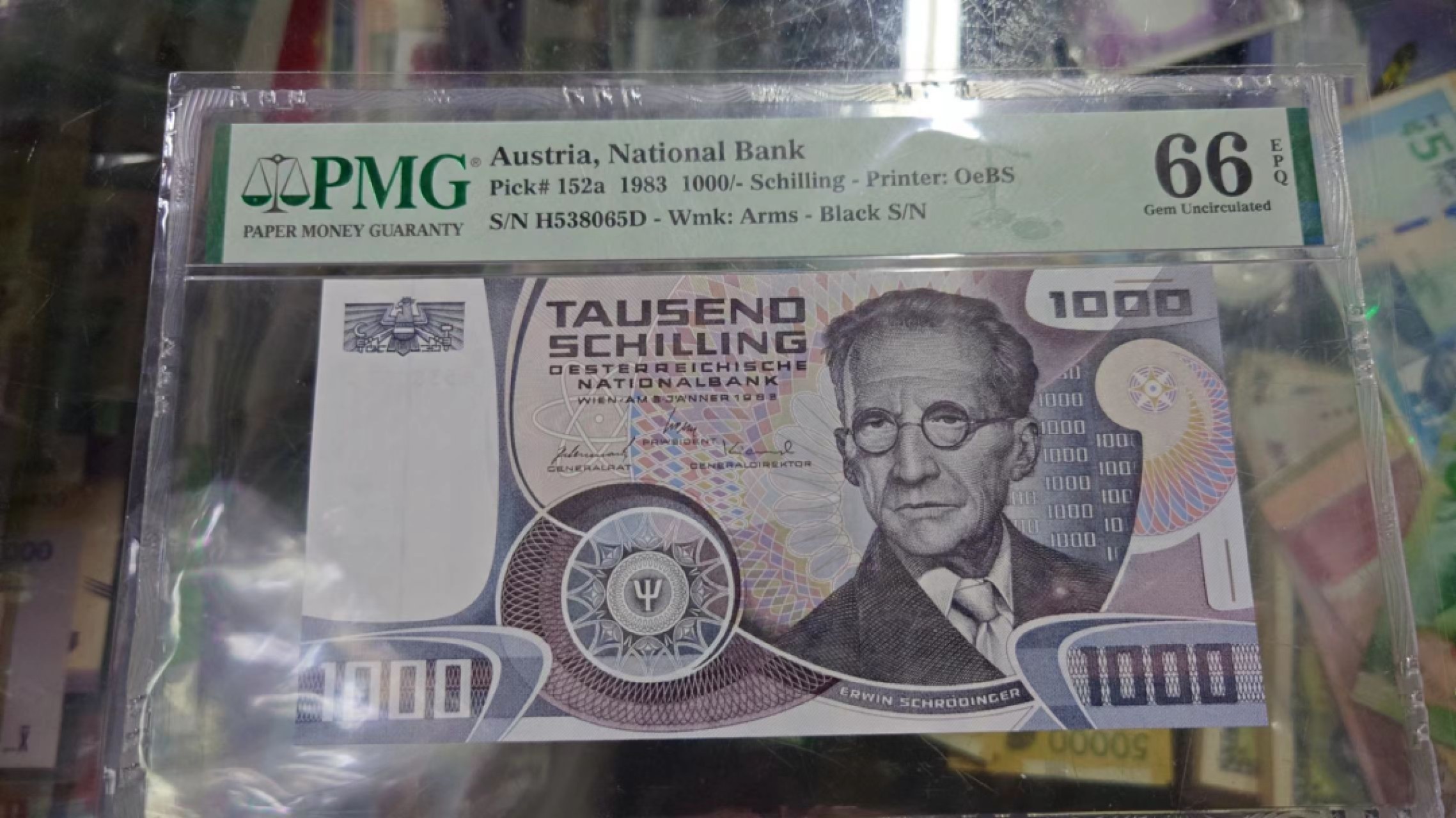 【世界钱币】精选微拍第56期暨2023年第三期  评级币专场 1983年奥地利1000先令 薛定谔 PMG66E全程无47