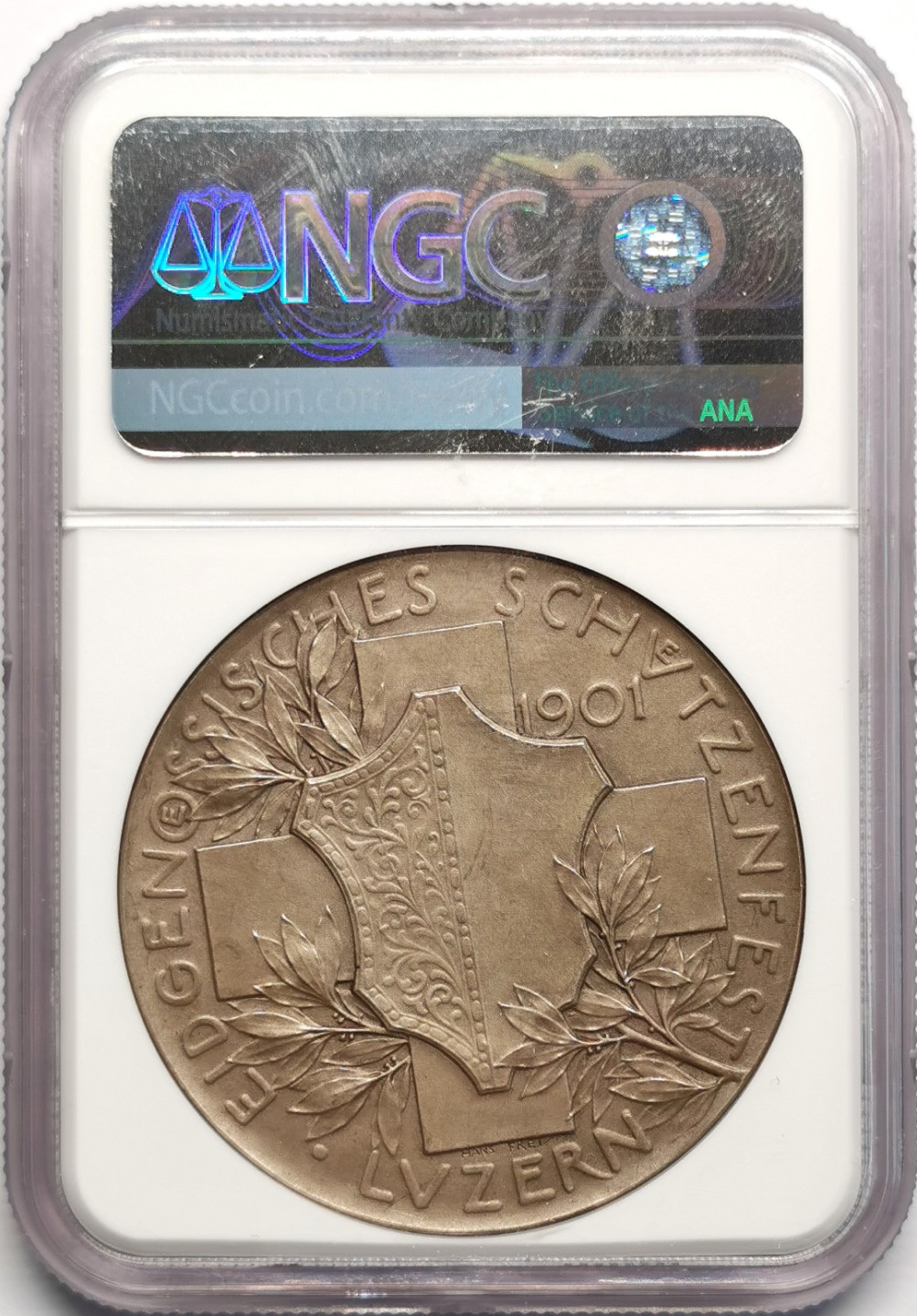 凡希社世界钱币微拍第二百三十二期 荐！1901瑞士卢塞恩射击节纪念银章NGC-MS65经典品种收藏级！