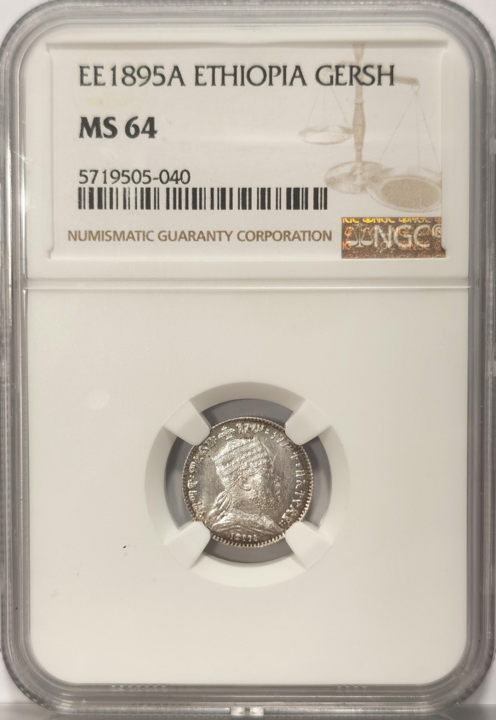 博洋堂世界钱币拍卖第019期（全场包邮） NGC MS64 埃塞俄比亚EE1895年1gersh银币，深打，银光，细节清晰
