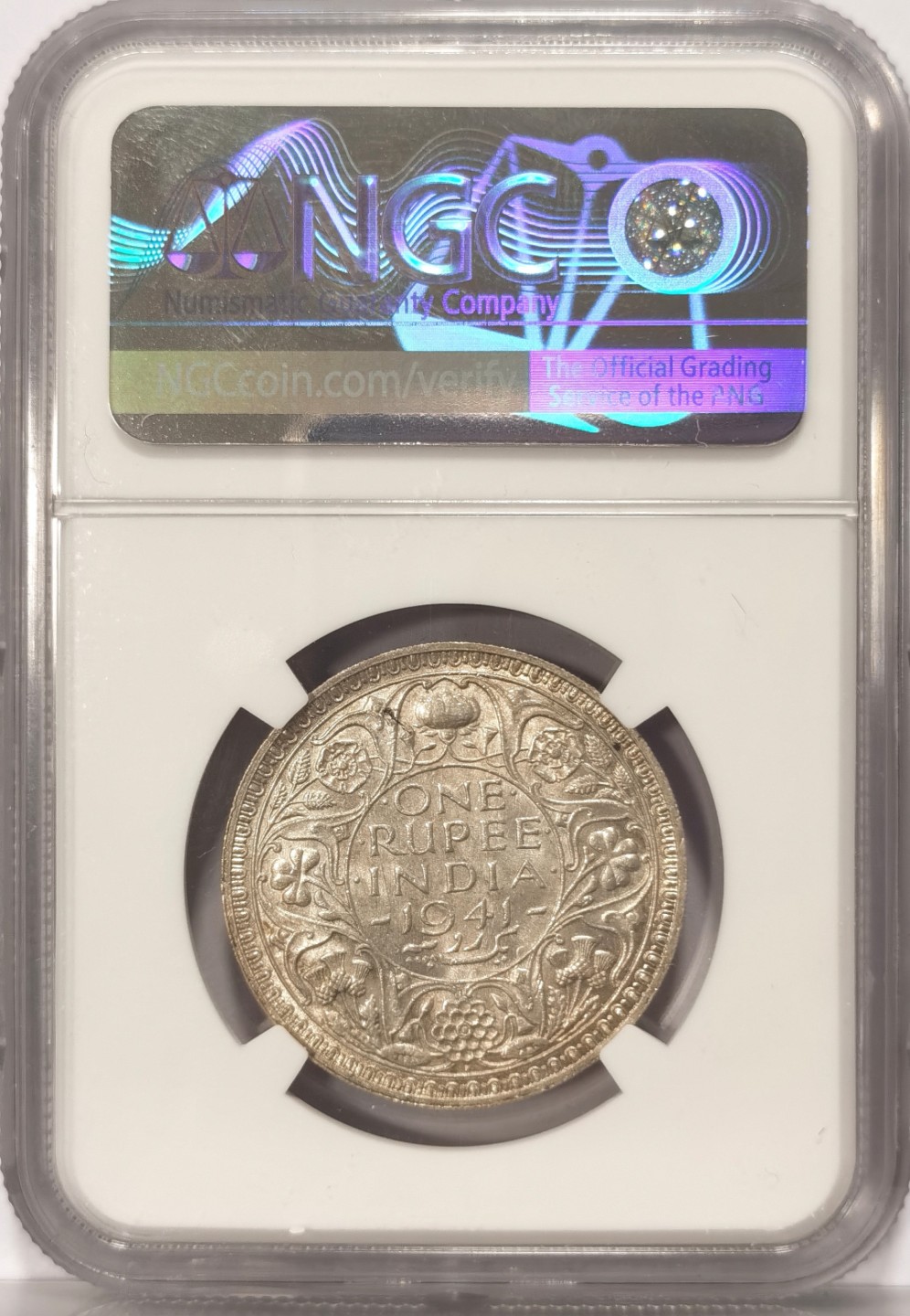 博洋堂世界钱币拍卖第019期（全场包邮） NGC MS63 英属印度1941年B版 乔治六世 1卢比银币 早期窄边 上BU不容易