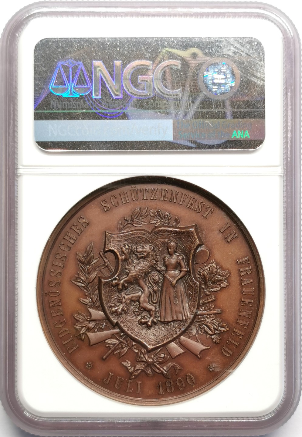 凡希社世界钱币微拍第二百三十二期 1890瑞士弗劳恩费尔德射击节纪念铜章NGC-MS63美女与野兽！