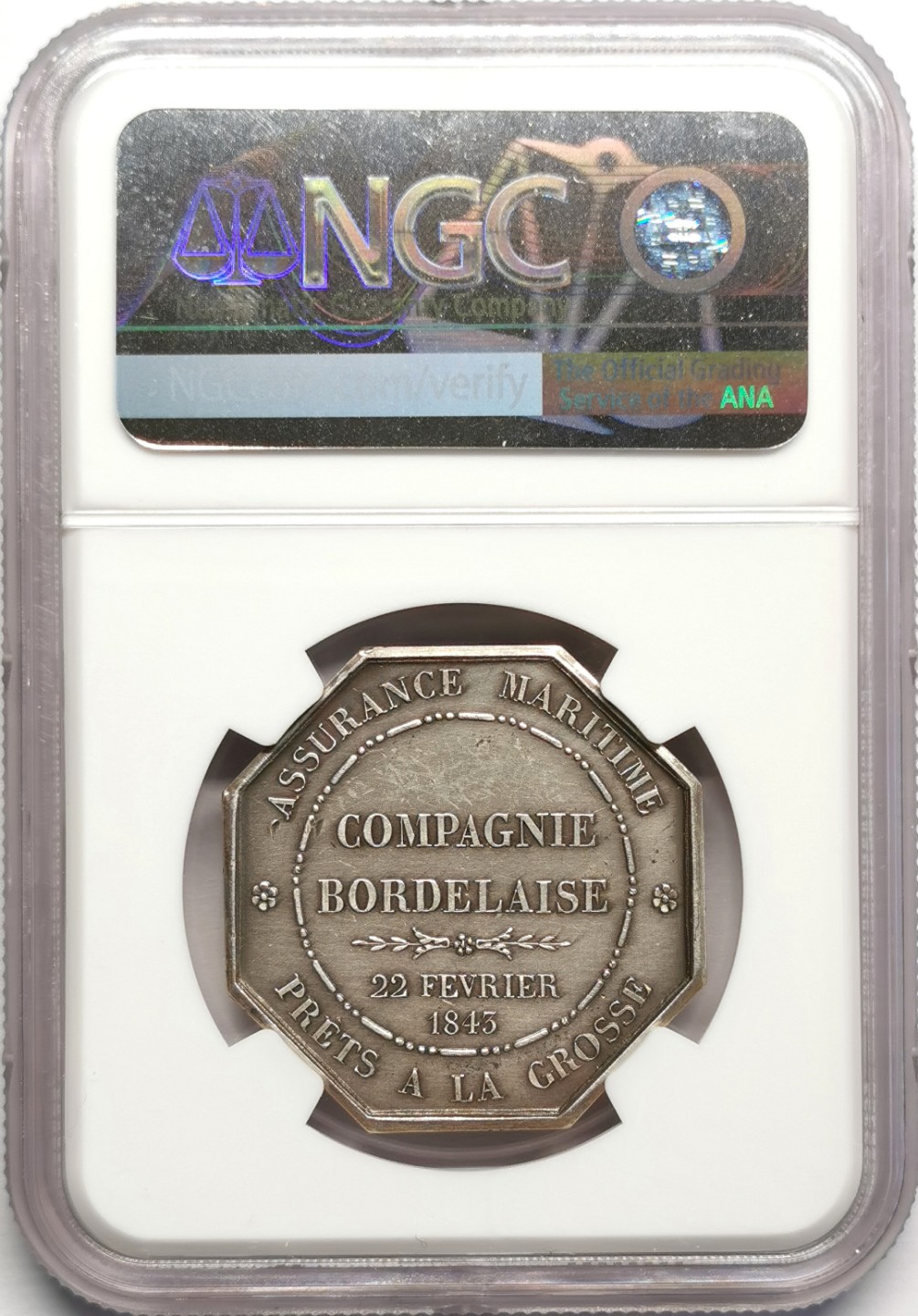 凡希社世界钱币微拍第二百三十二期 1843法国海上保险八角银章NGC-MS61
