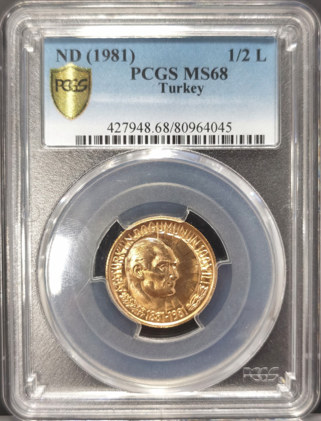 博洋堂世界钱币拍卖第019期（全场包邮） PCGS MS68 1981年土耳其现代化之父凯末尔诞辰百年纪念金币 8g .917金 高分收藏级