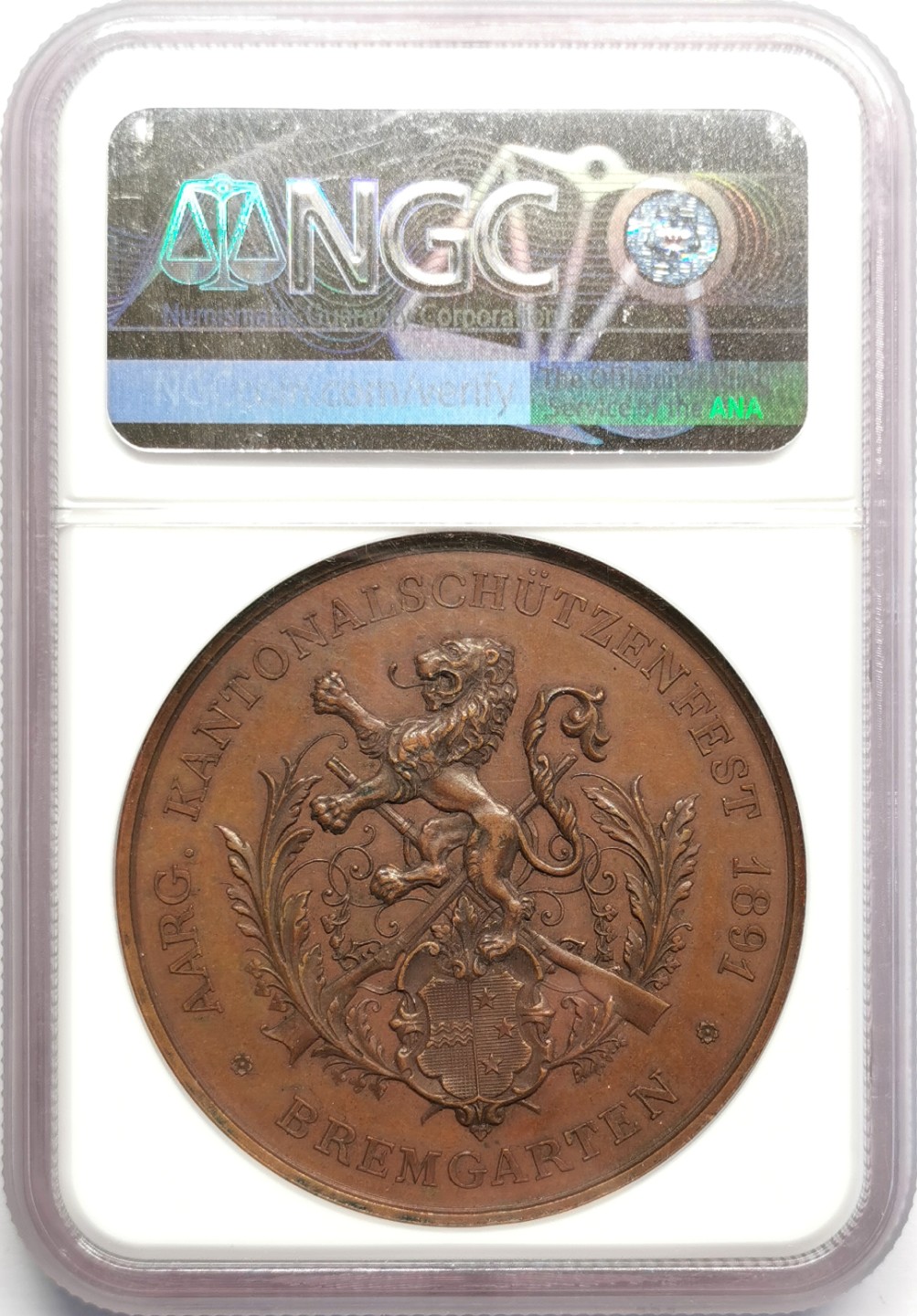 凡希社世界钱币微拍第二百三十二期 1891瑞士布雷姆加藤射击节纪念铜章NGC-MS62