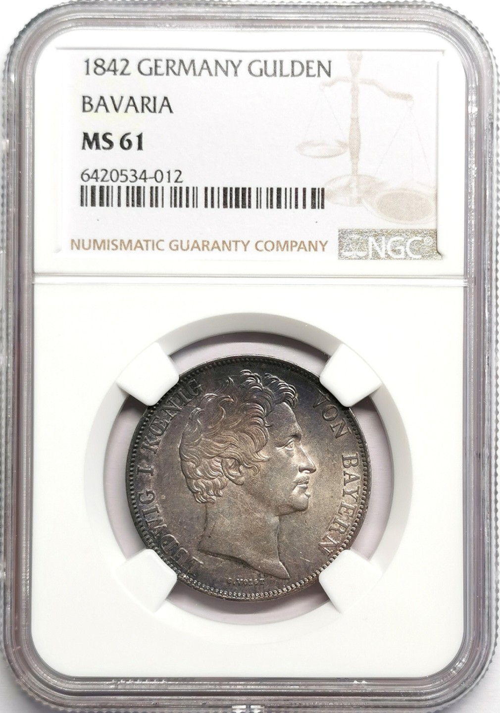 凡希社世界钱币微拍第二百三十二期 1842巴伐利亚路德维希一世1盾银币NGC-MS61