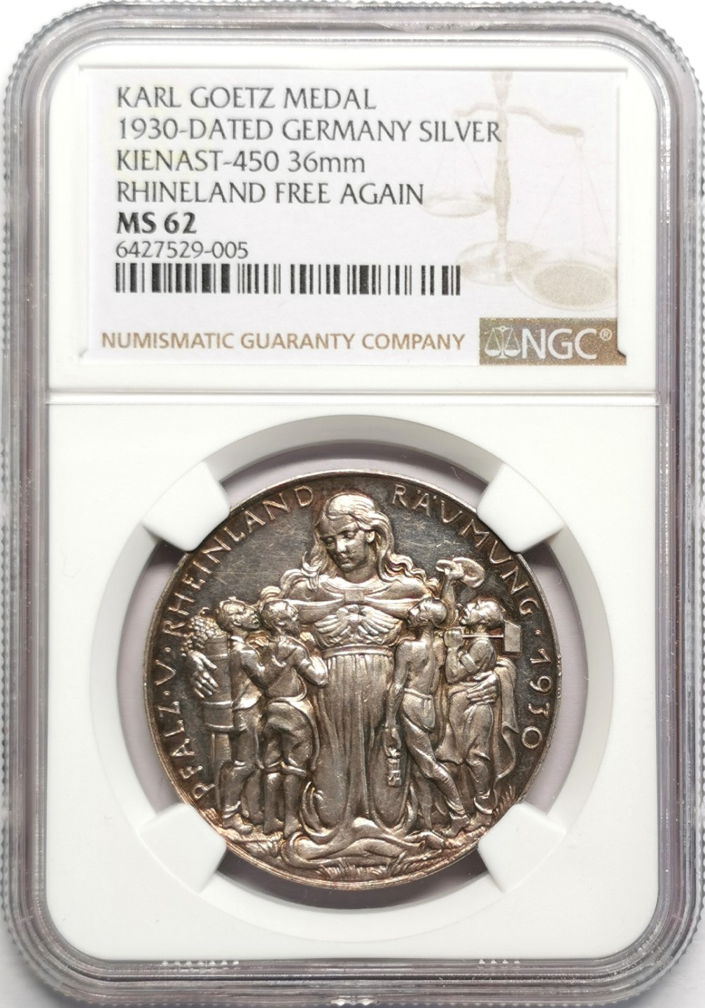凡希社世界钱币微拍第二百三十二期 1930德国莱茵河儿女与海神纪念银章NGC-MS62哥茨经典品种！